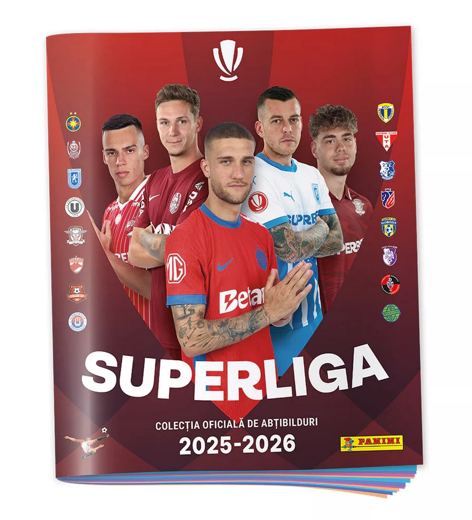 Panini Superliga României 2025–2026 hivatalos matricagyűjtő album borítója, élvonalbeli román labdarúgókkal.