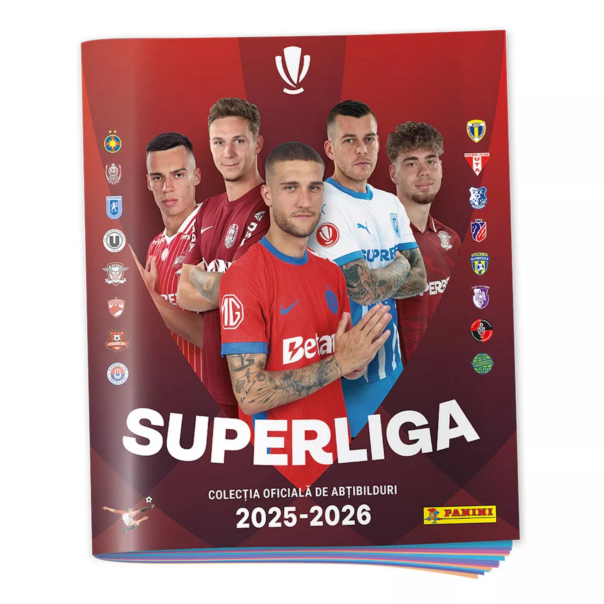 Panini Superliga României 2025–2026 hivatalos matricagyűjtő album borítója, élvonalbeli román labdarúgókkal.