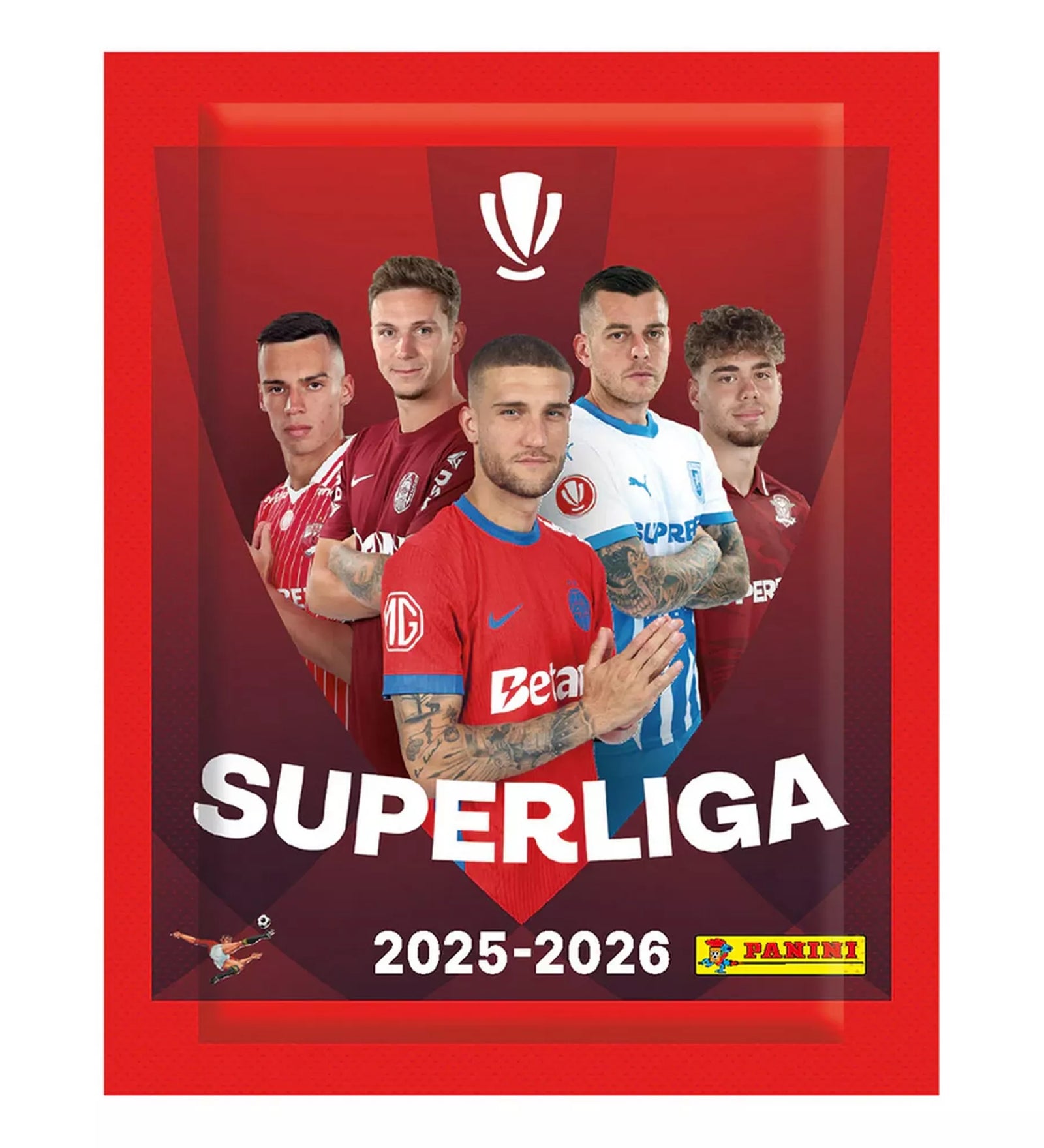 Panini Superliga Románia 2025–2026 matrica csomag előlapja, válogatott játékosokkal és hivatalos logóval.