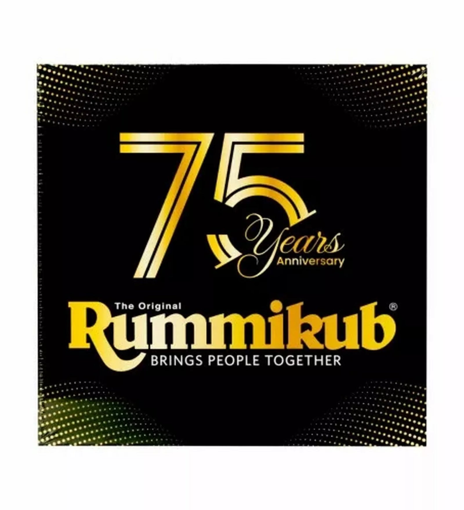 Rummikub 75 éves jubileumi kiadás dobozborítója fekete-arany dizájnnal, „75 Years Anniversary” felirattal és a Brings People Together szlogennel