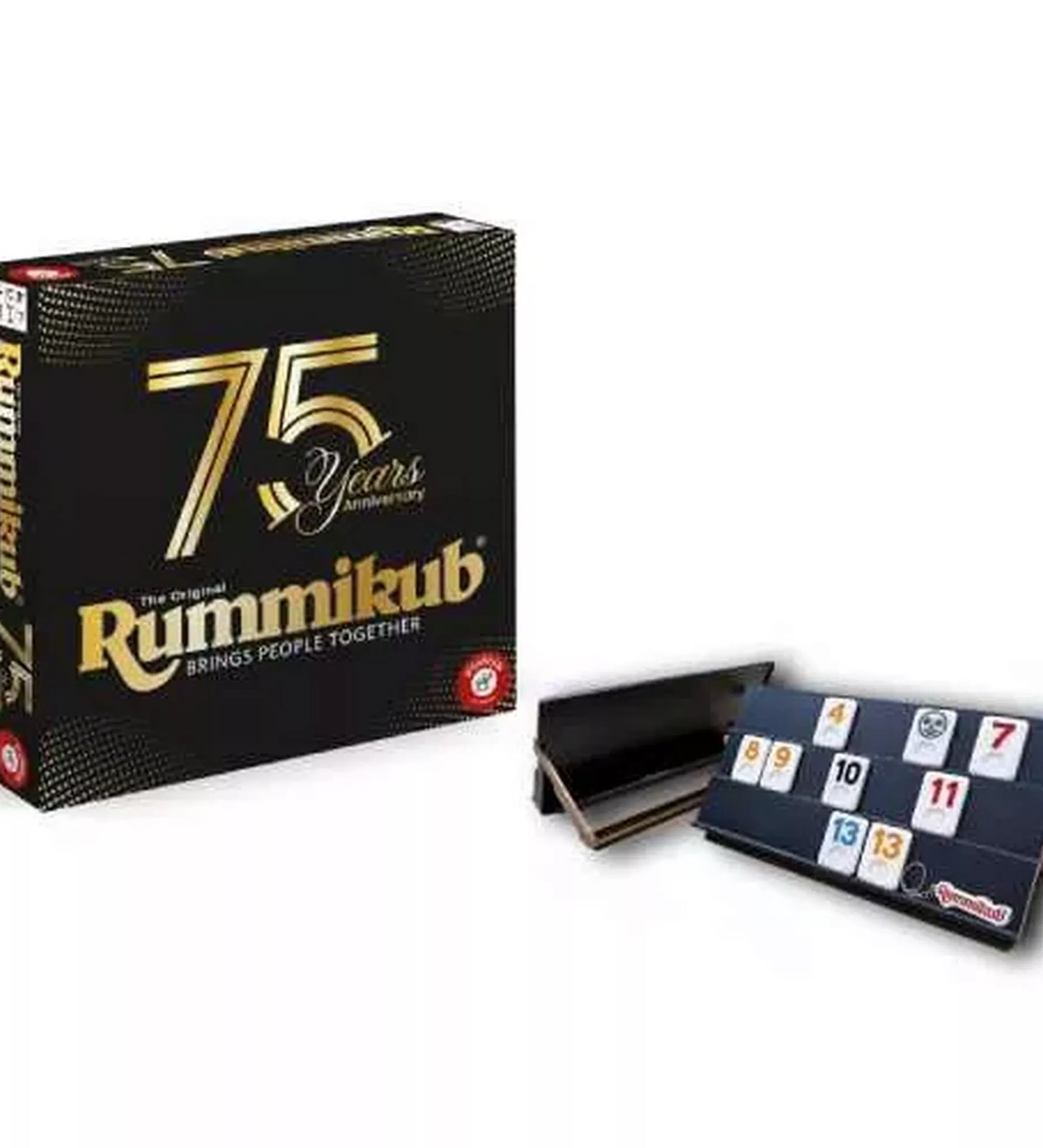 Rummikub 75. évfordulós társasjáték doboza és játékelemek, prémium állványokkal és számlapkákkal, elegáns fekete-arany csomagolásban