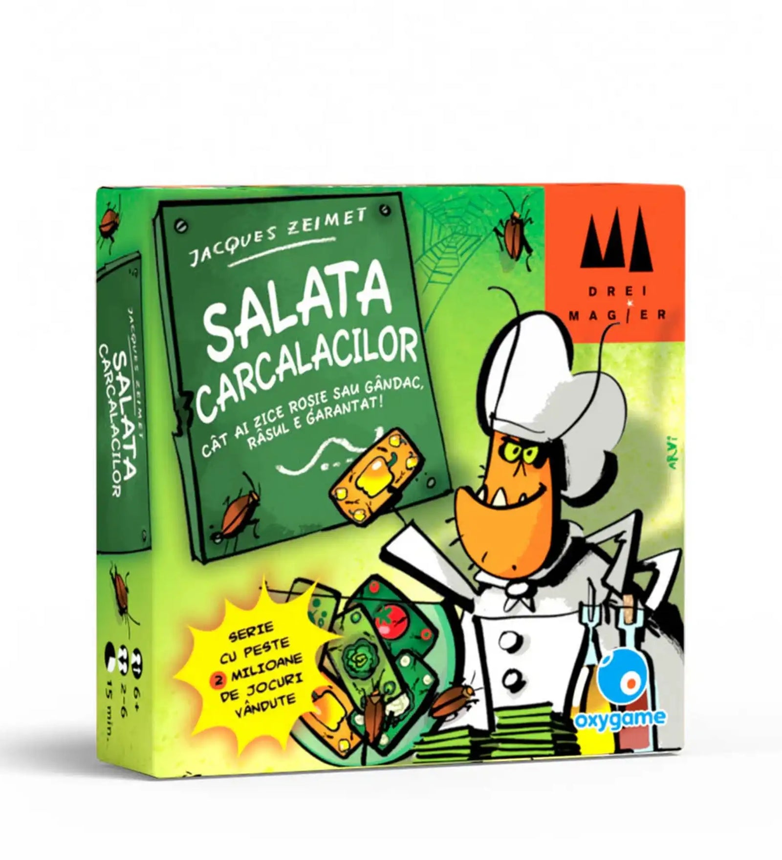 Salata Carcalacilor román nyelvű társasjáték doboza humoros csótányszakáccsal, zöldséges témájú gyors partijáték családoknak.