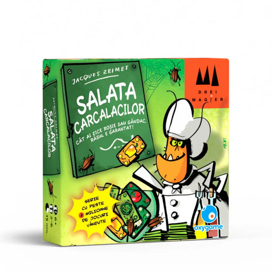 Salata Carcalacilor román nyelvű társasjáték doboza humoros csótányszakáccsal, zöldséges témájú gyors partijáték családoknak.