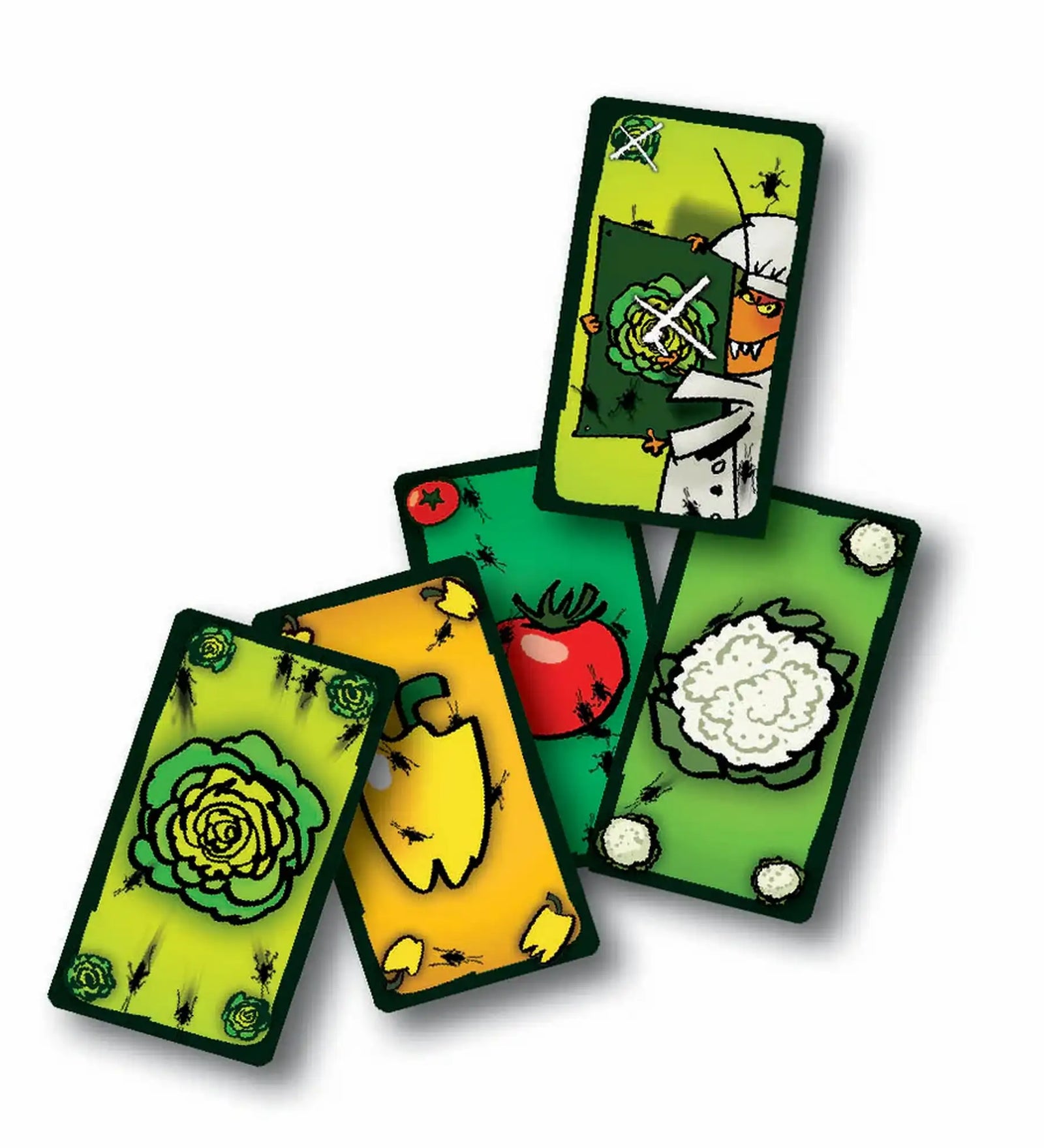 Salata Carcalacilor társasjáték illusztrált kártyái salátával, paprikával, paradicsommal és karfiollal, reflexeket fejlesztő partijáték.