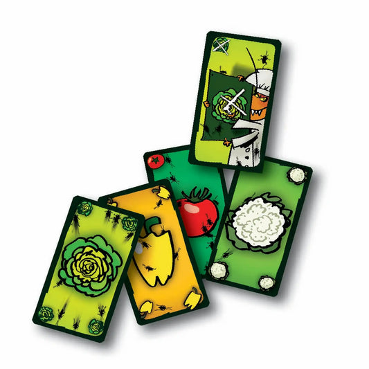 Salata Carcalacilor társasjáték illusztrált kártyái salátával, paprikával, paradicsommal és karfiollal, reflexeket fejlesztő partijáték.