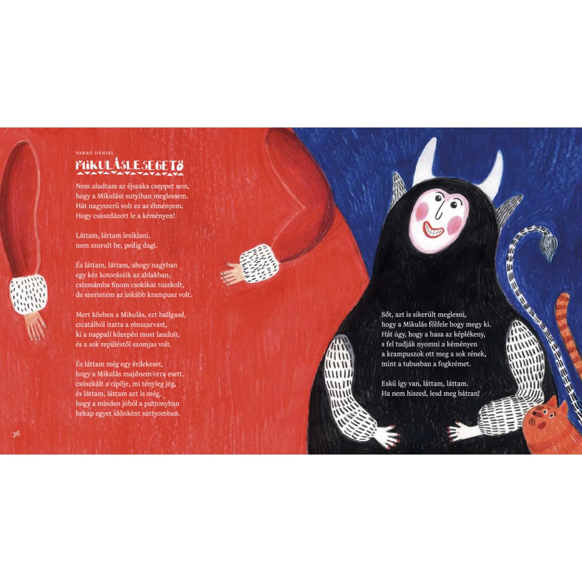 A Sapka, sál! – Téli versek könyv egyik oldala Mikulás piros ruhás alakjával és egy mosolygó krampusszal, illusztrált verssel.