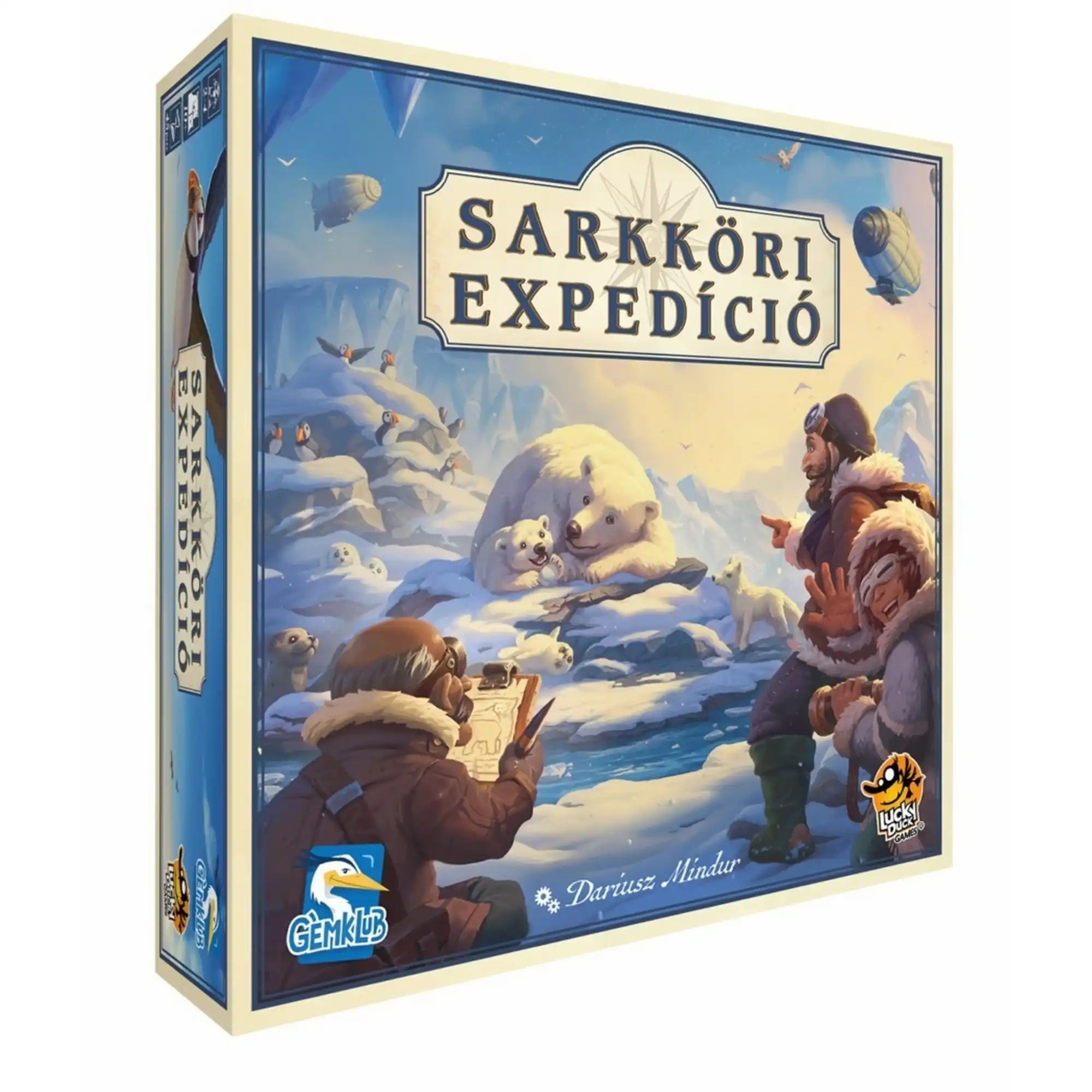 Sarkköri expedíció magyar nyelvű társasjáték doboza sarkvidéki kutatókkal, jegesmedvékkel és más állatokkal.