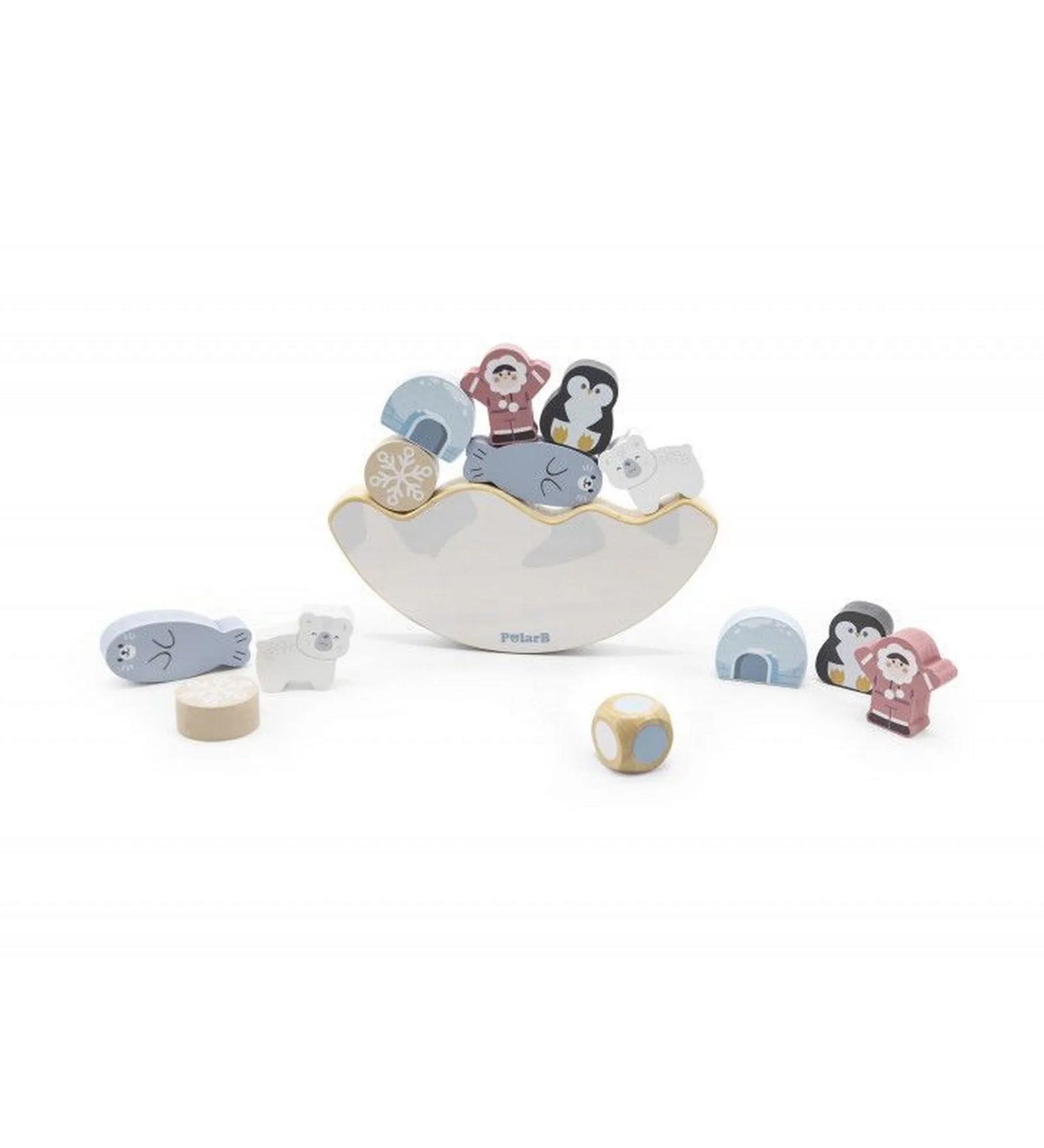 A PolarB Arctic Balance Game felépített egyensúlyozó játéka sarki állatokkal és iglu figurákkal.