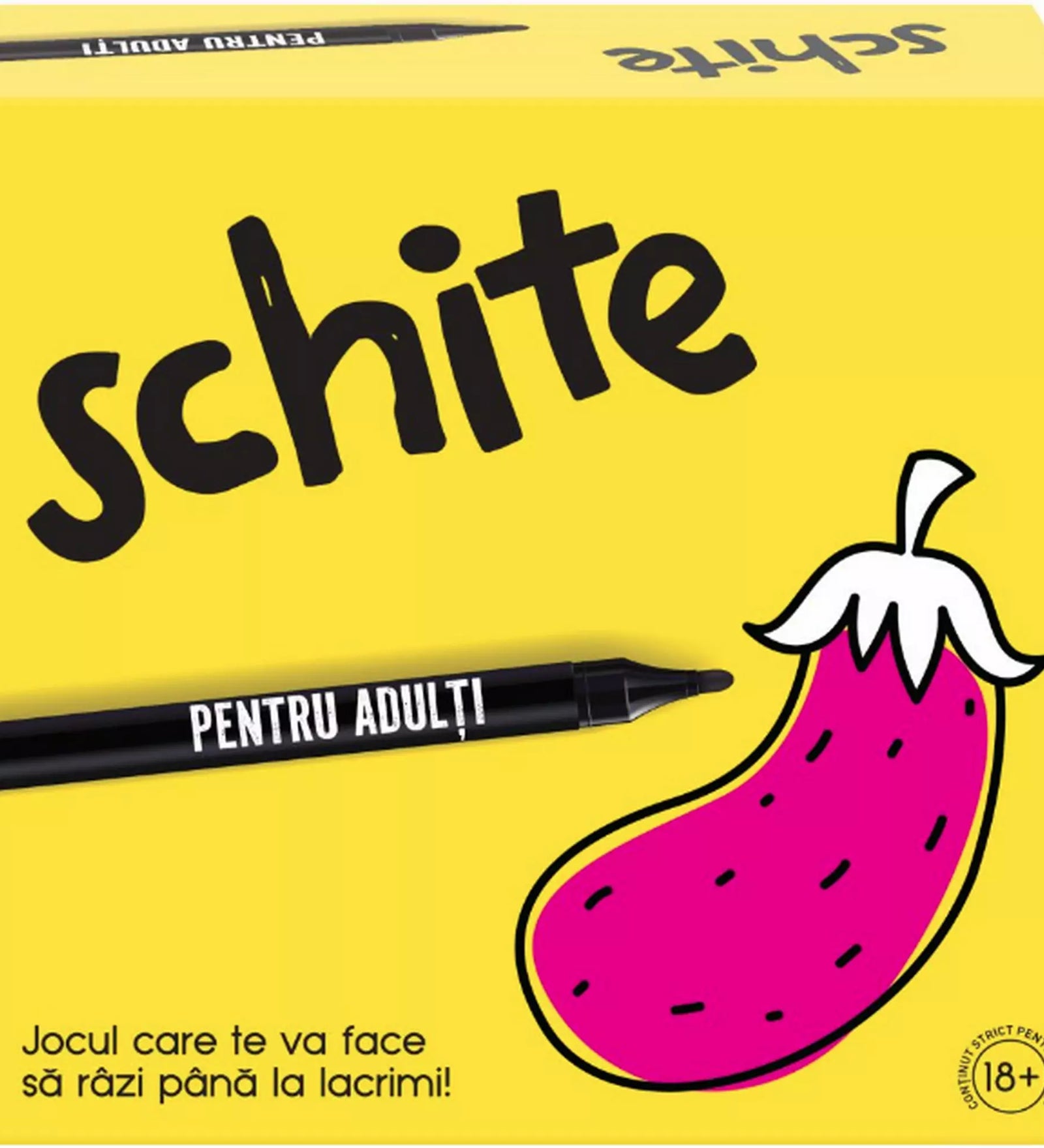 Sárga doboz a „Schite” felnőtt társasjátékkal, rajta fekete felirat, egy lila padlizsán rajz, és a „Jocul care te va face să râzi până la lacrimi!” szöveg.