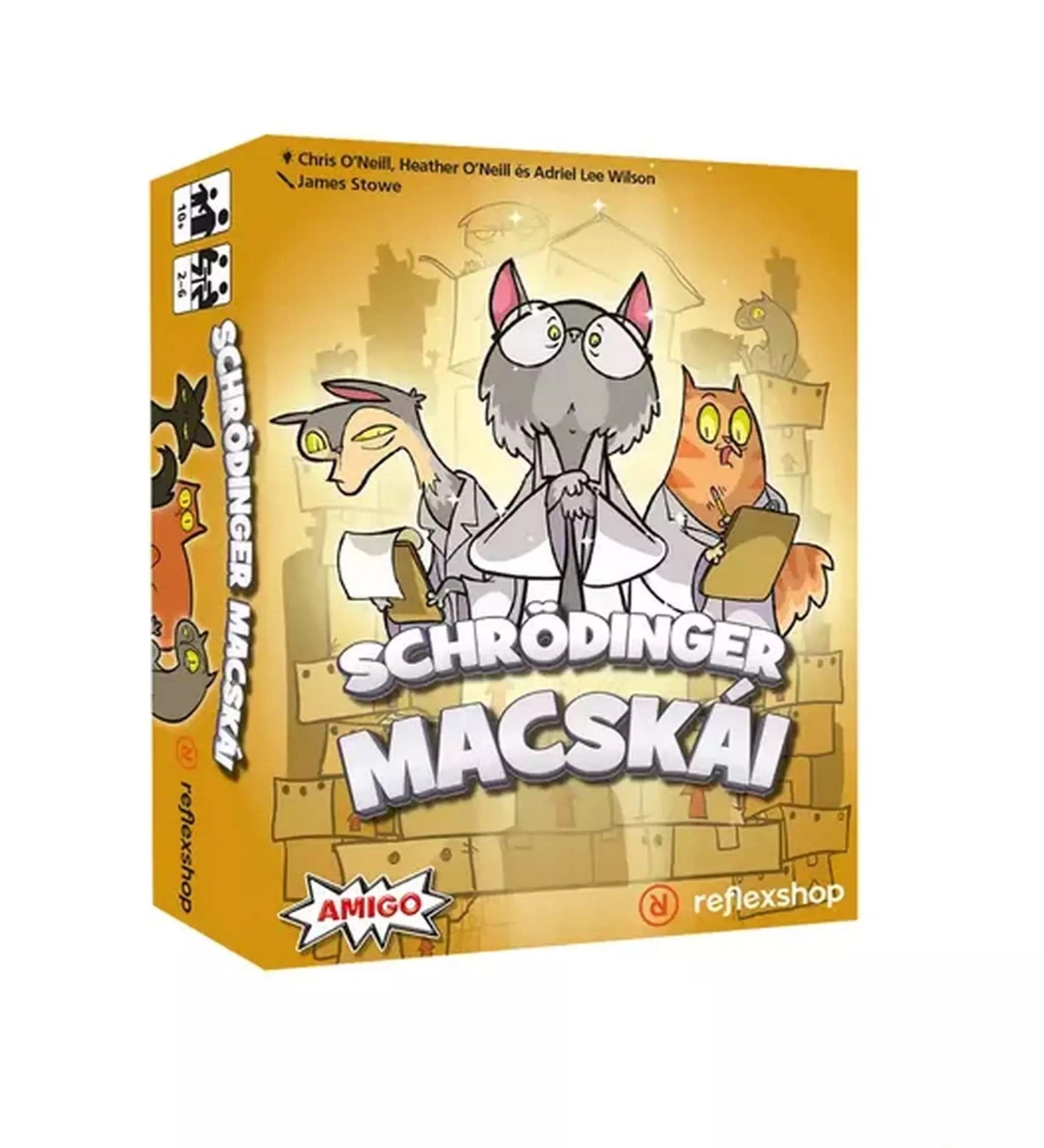 Schrödinger macskái társasjáték doboza – A játék dobozának borítója, amelyen humoros macskafigurák és a kvantummechanika inspirálta dizájn látható.
