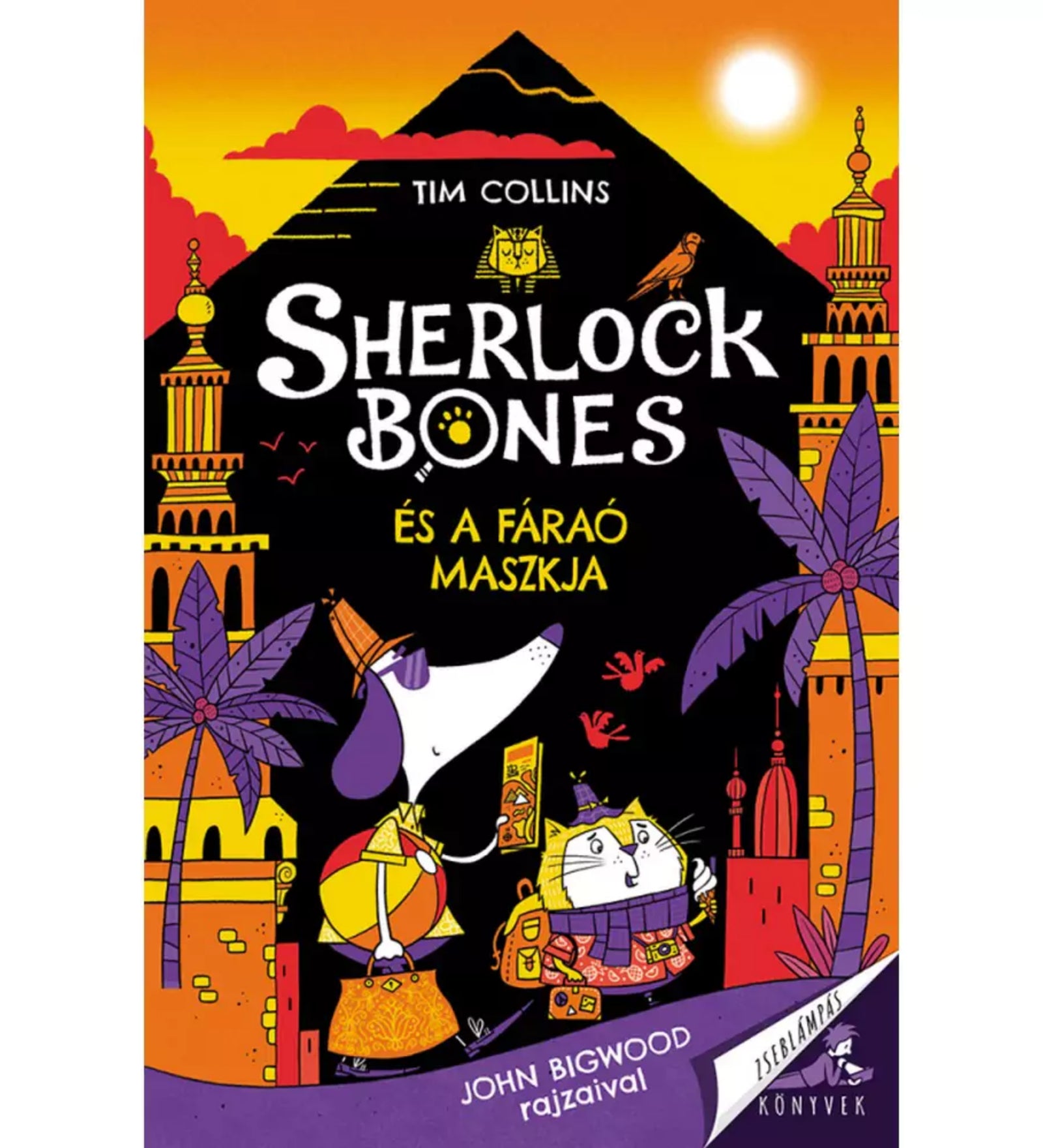 Sherlock Bones és a fáraó maszkja könyv borítója. Egy kutya nyomozó és egy macska segítőtárs egyiptomi piramis előtt áll, színes, vidám illusztrációval.