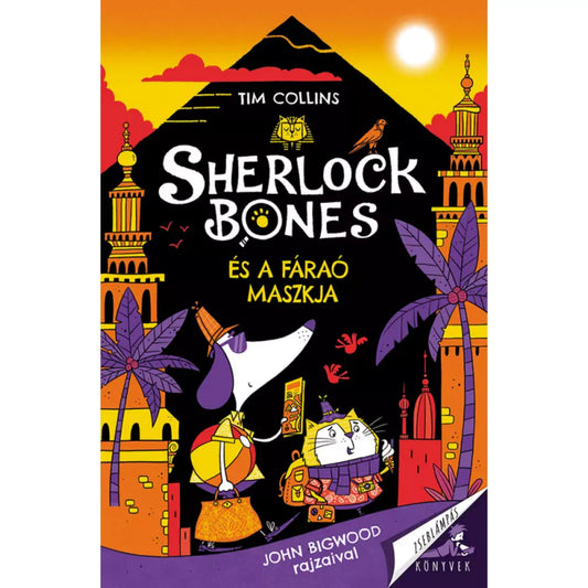 Sherlock Bones és a fáraó maszkja könyv borítója. Egy kutya nyomozó és egy macska segítőtárs egyiptomi piramis előtt áll, színes, vidám illusztrációval.