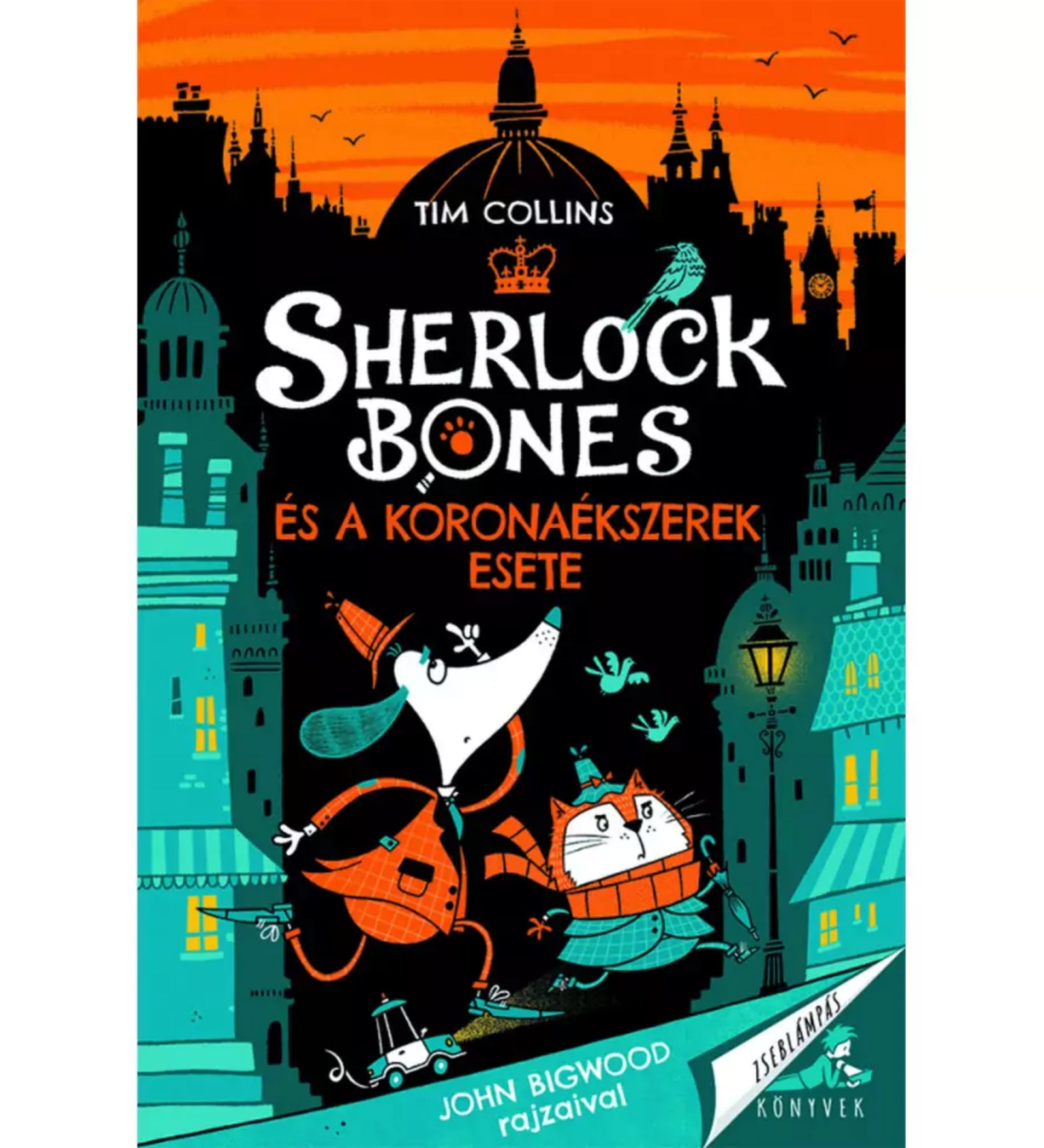Sherlock Bones és a koronaékszerek esete könyv borítója. A kutya nyomozó és macska társa városi háttér előtt, titokzatos hangulatú illusztráción.