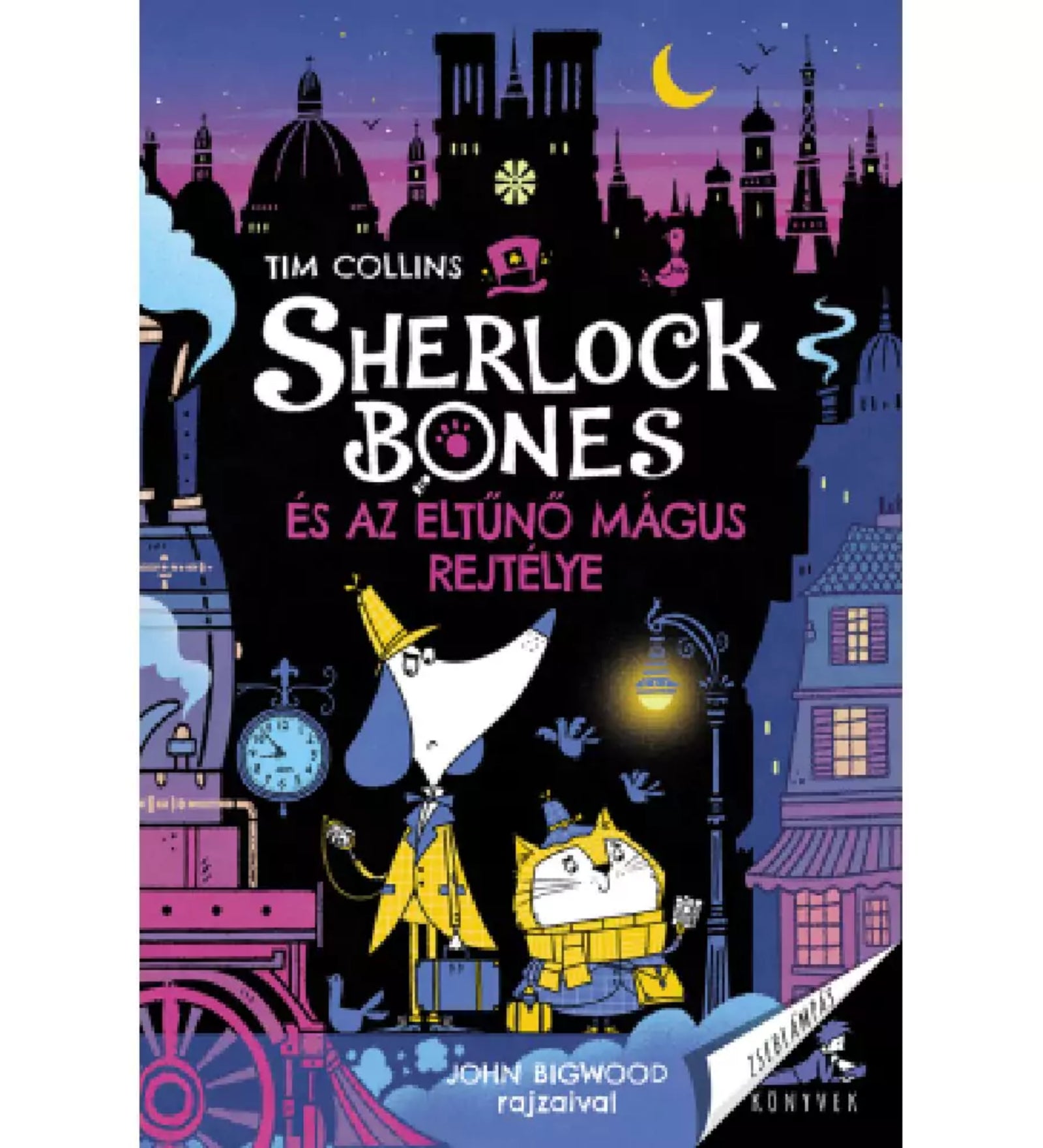 Sherlock Bones és az eltűnő mágus rejtélye könyv borítója. A kutya nyomozó és macska társa sötét városban nyomoznak, titokzatos hangulatú illusztrációval.