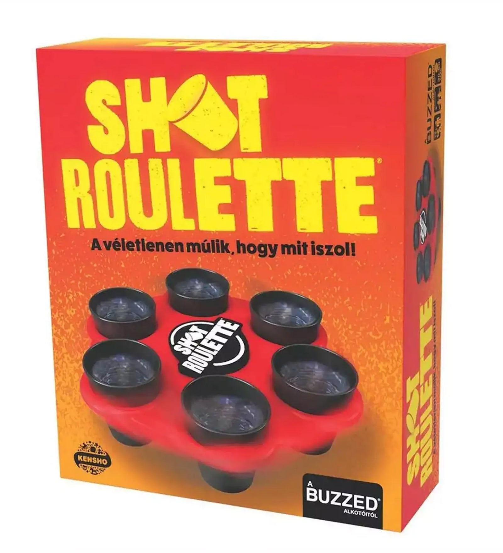 A Shot Roulette társasjáték doboza, élénk piros-sárga színben, középen a játékkal és fekete poharakkal, szlogennel: „A véletlenen múlik, hogy mit iszol!”.