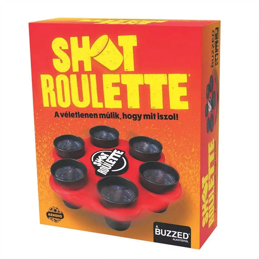 A Shot Roulette társasjáték doboza, élénk piros-sárga színben, középen a játékkal és fekete poharakkal, szlogennel: „A véletlenen múlik, hogy mit iszol!”.
