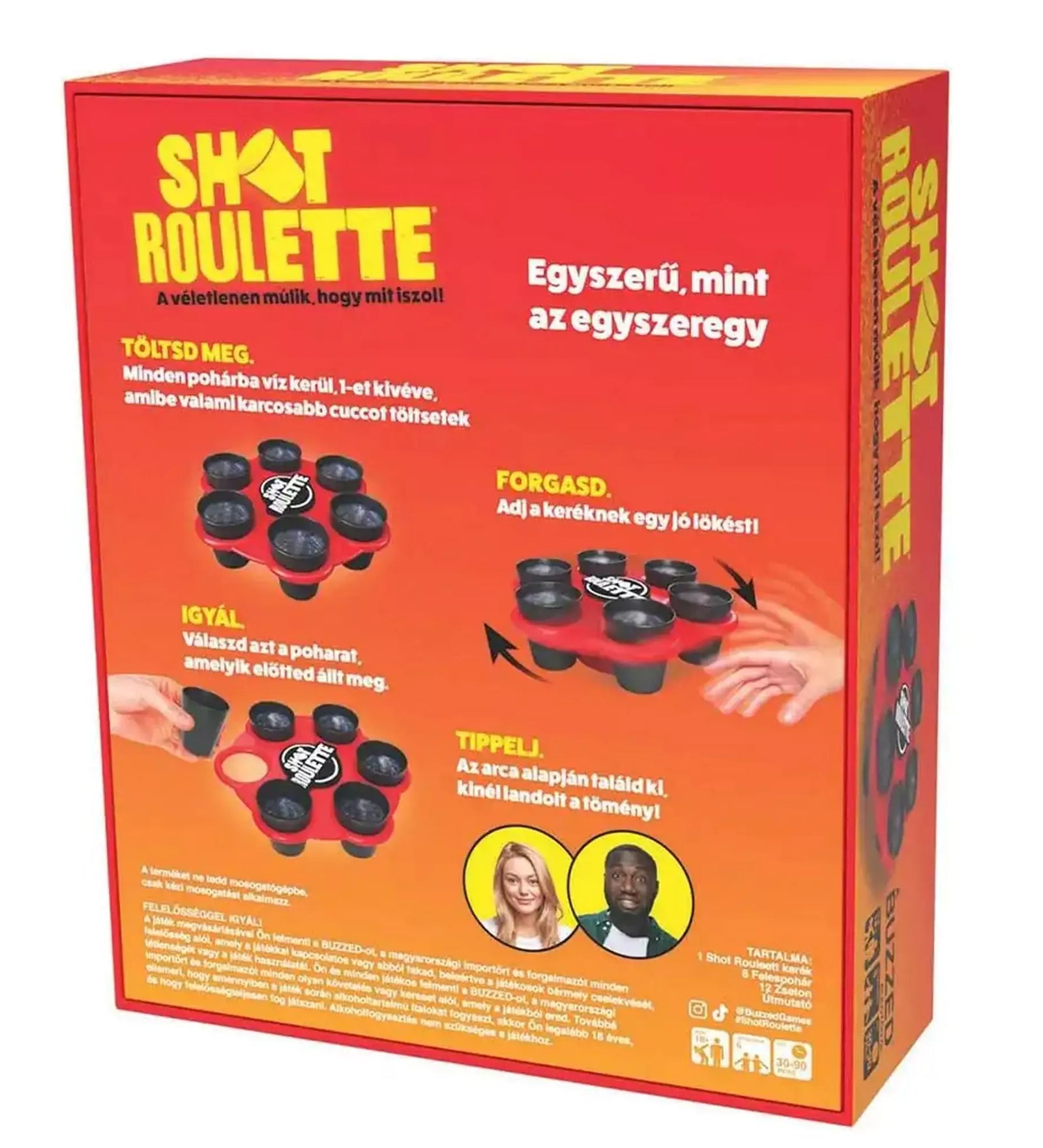 A Shot Roulette doboz hátlapja, részletes játékleírással, illusztrációkkal a poharakról és a forgó tárcsáról, valamint a játék lépéseinek bemutatásával.