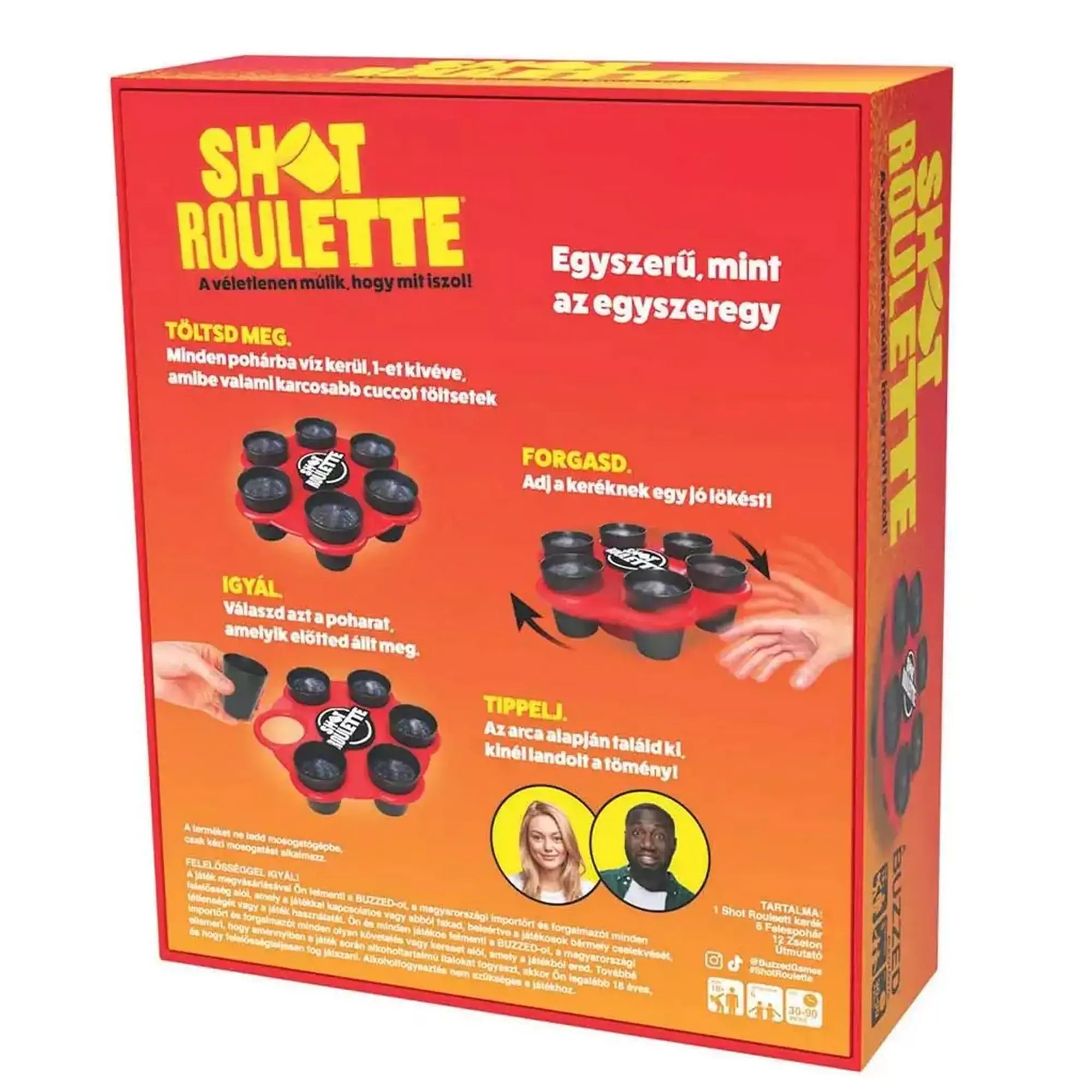 A Shot Roulette doboz hátlapja, részletes játékleírással, illusztrációkkal a poharakról és a forgó tárcsáról, valamint a játék lépéseinek bemutatásával.