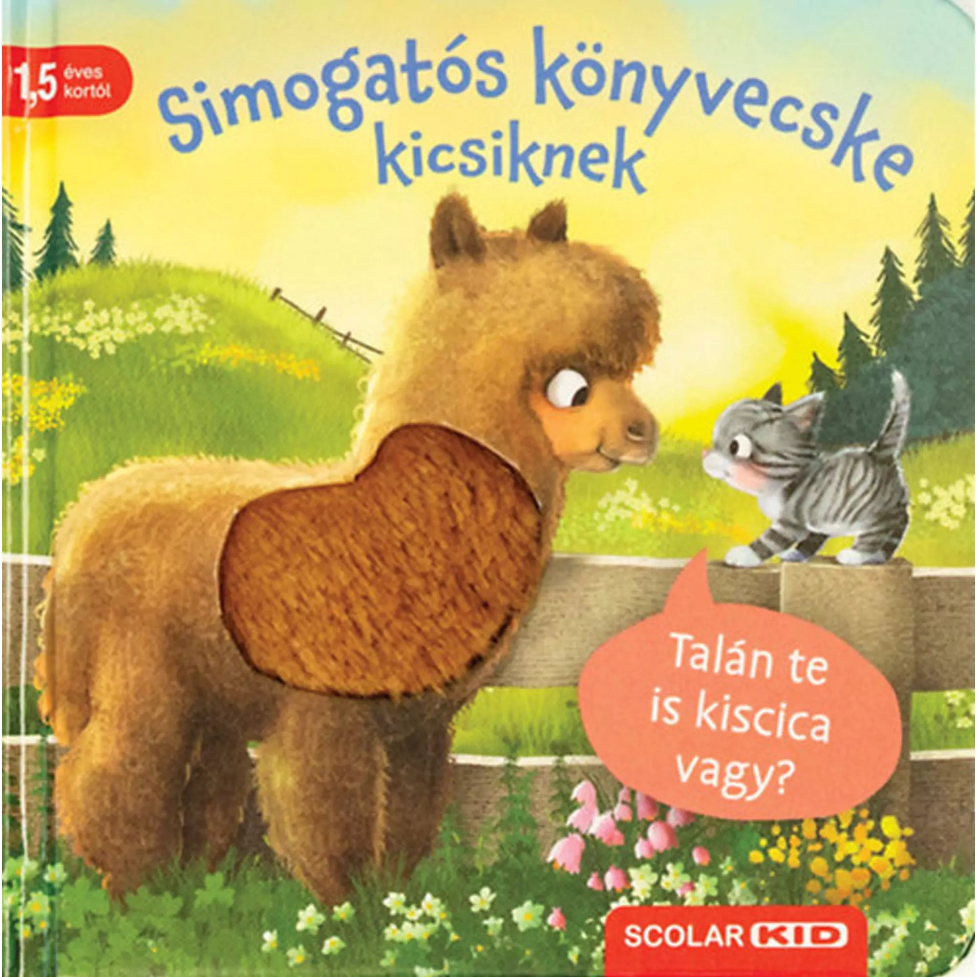 A „Simogatós könyvecske kicsiknek – Talán te is kiscica vagy?” című könyv borítója, egy alpaka és egy kiscica barátságos találkozásával.