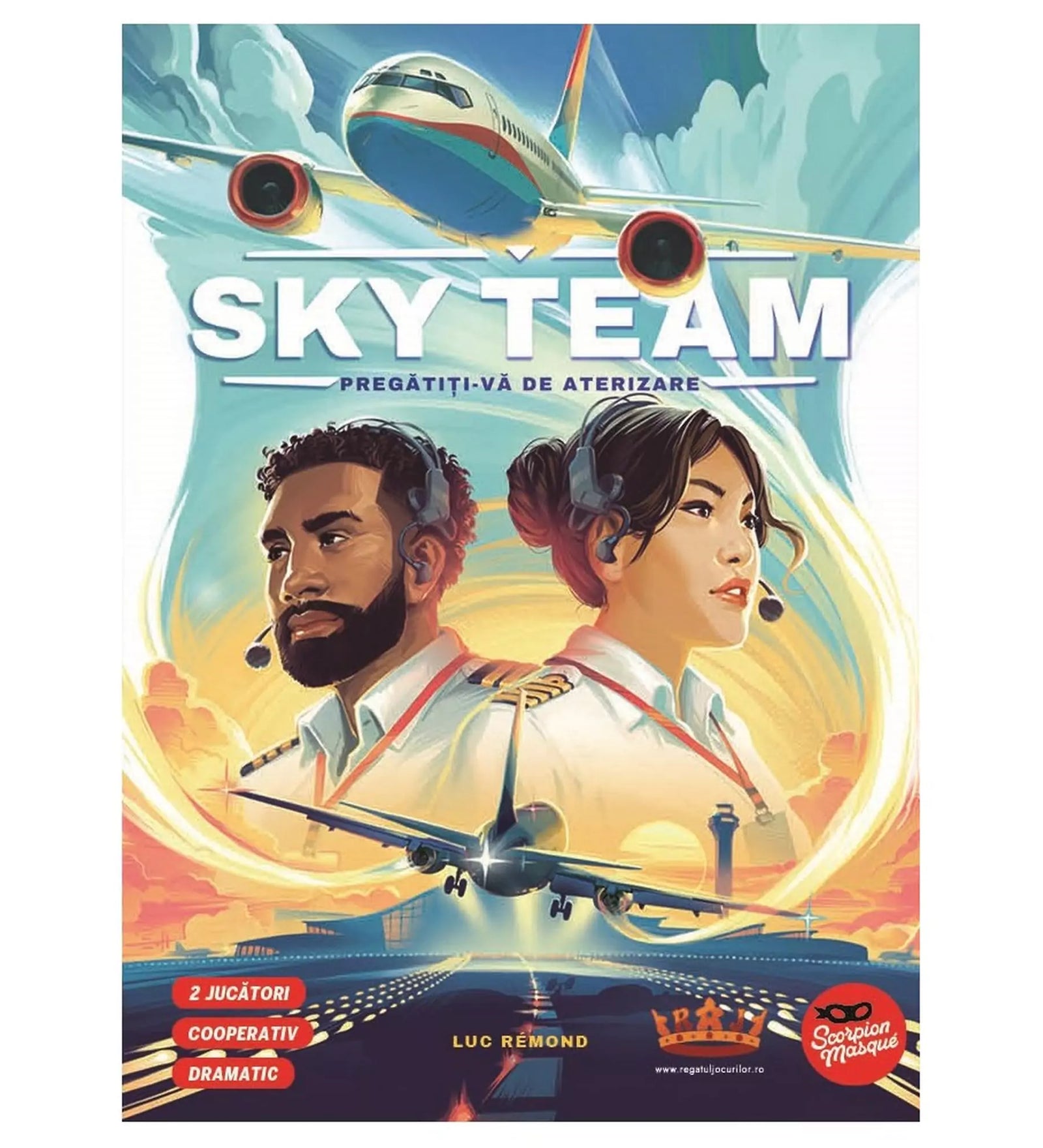 Sky Team társasjáték borítója, két pilótával és egy leszálló repülőgéppel a háttérben