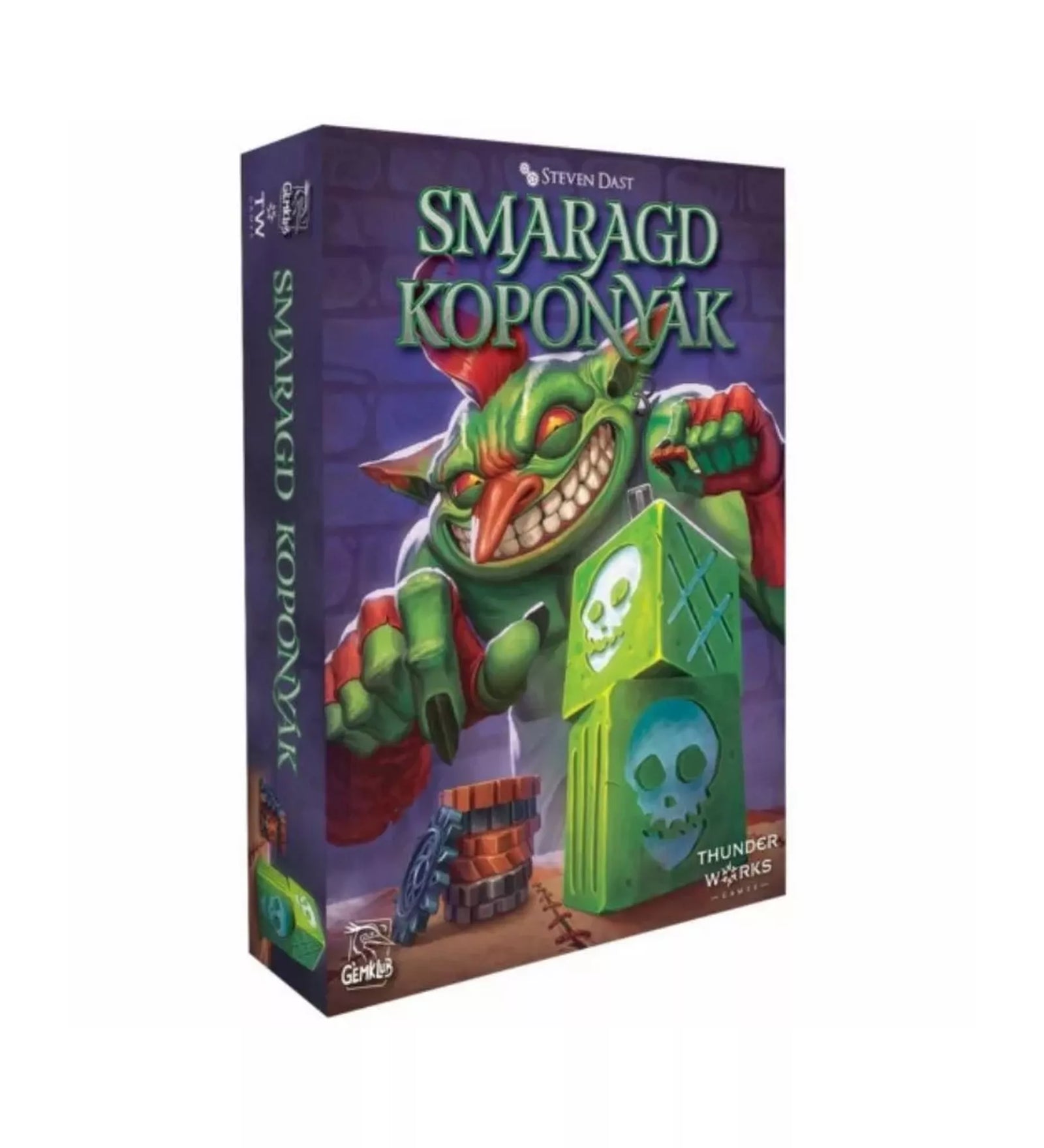 Smaragd Koponyák társasjáték doboza, zöld smaragdkoponyát tartó vigyorgó goblinnal, fantasy stílusú illusztrációval
