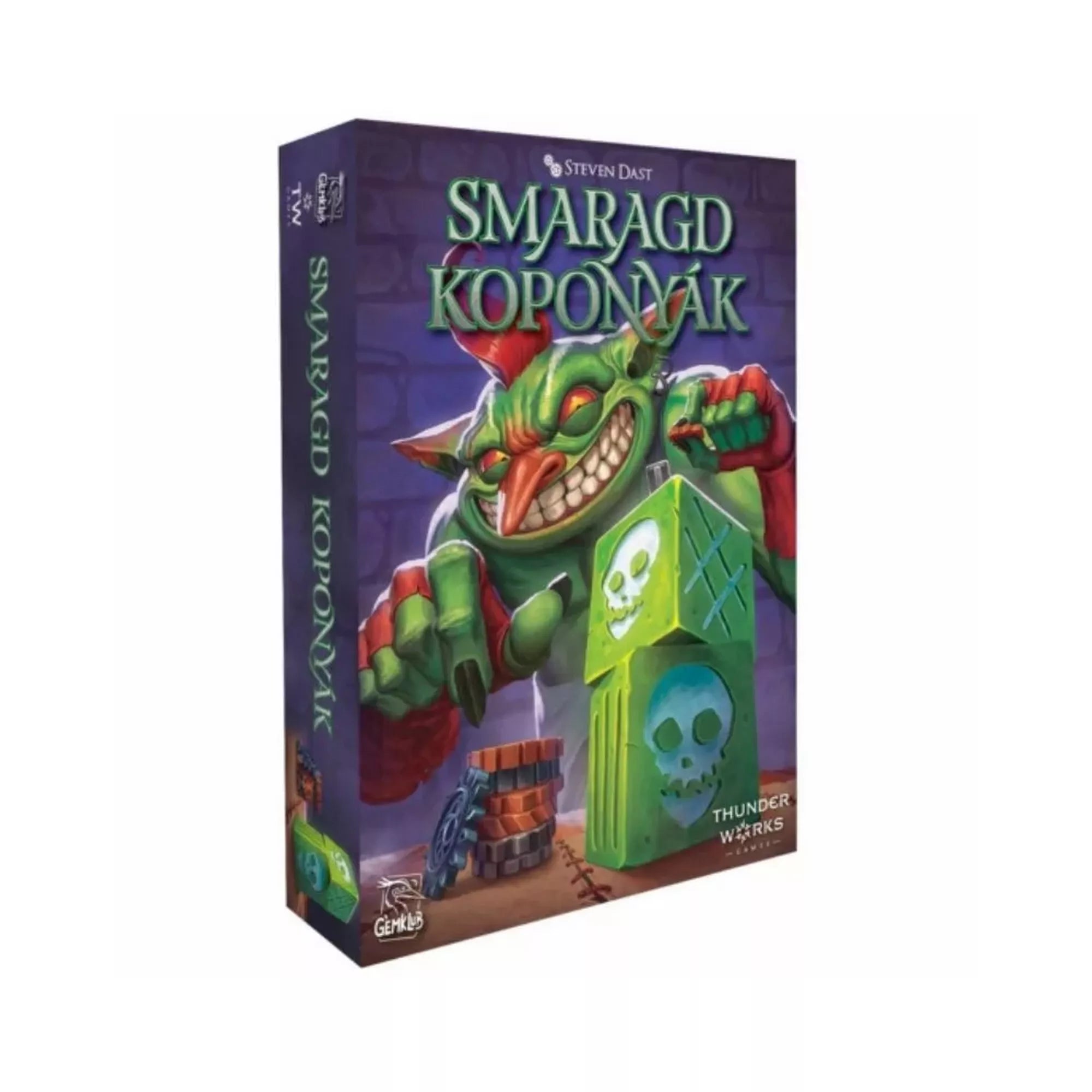Smaragd Koponyák társasjáték doboza, zöld smaragdkoponyát tartó vigyorgó goblinnal, fantasy stílusú illusztrációval