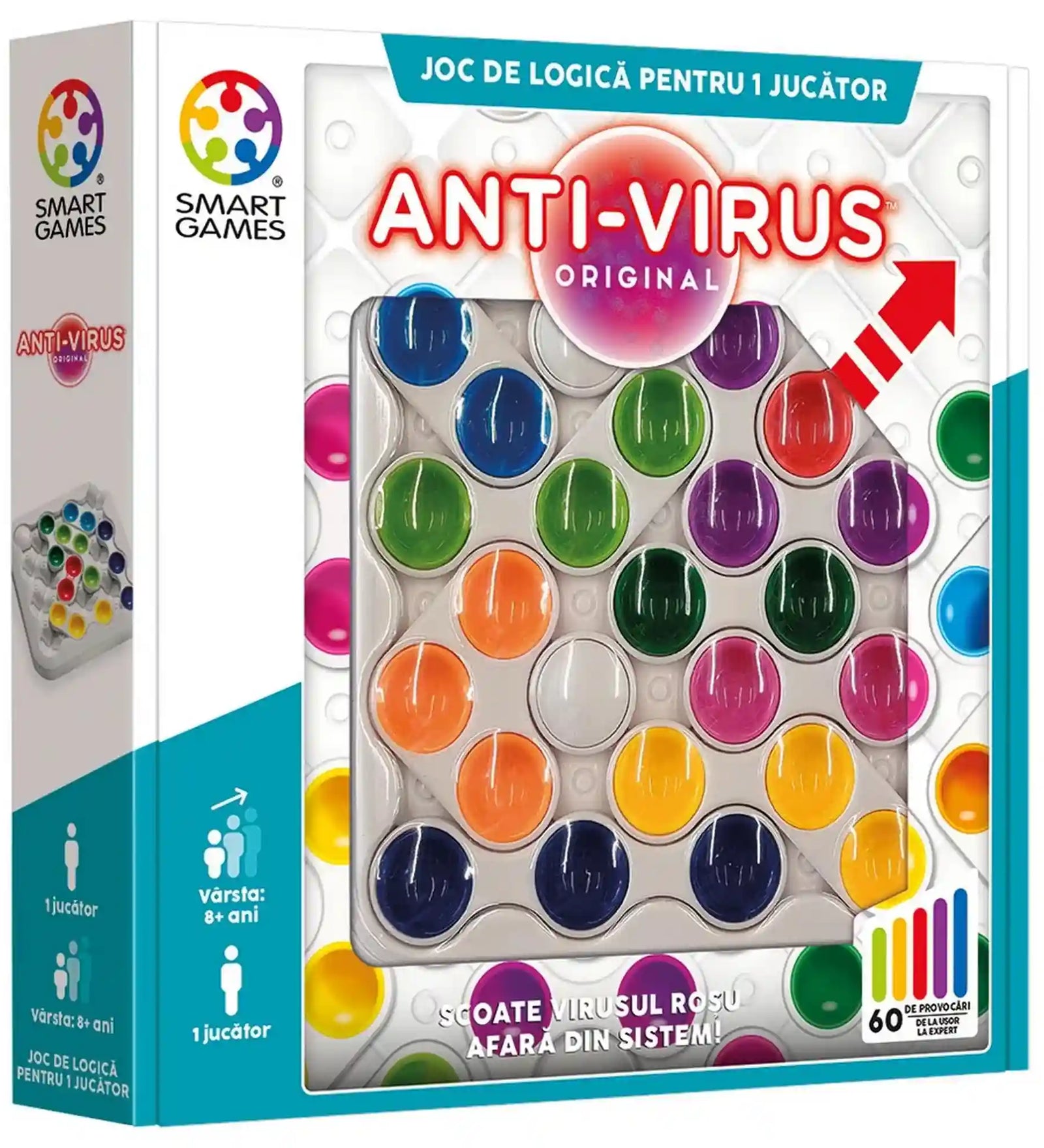 Anti-Virus Original logikai játék doboza, amely a játéktáblát és a színes puzzle elemeket mutatja.