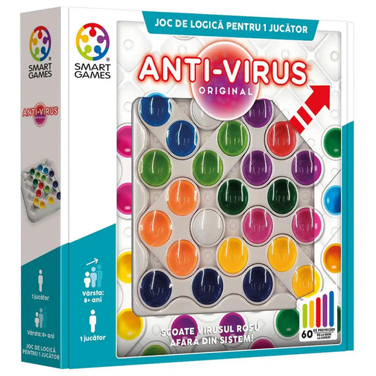 Anti-Virus Original logikai játék doboza, amely a játéktáblát és a színes puzzle elemeket mutatja.