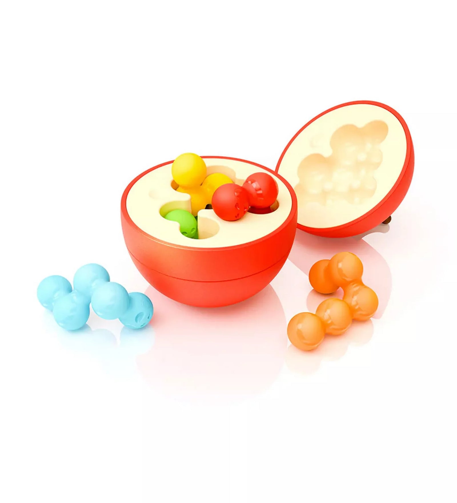 Apple Puzzler 3D logikai játék kibontva: félbevágott piros alma belseje, színes, összekapcsolható férgek puzzle elemekkel, fehér háttéren bemutatva.
