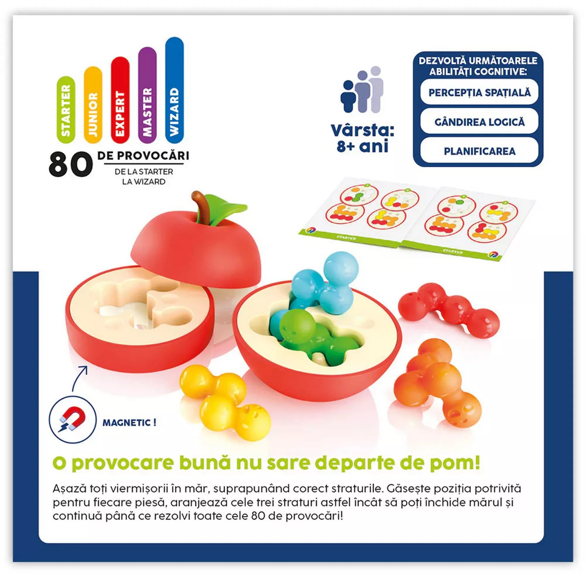 Apple Puzzler Smart Games logikai játék tartalma: alma alakú 3D játéktest, színes férgek, kihívásfüzet és mágneses záródás, 80 feladvánnyal 8 éves kortól.