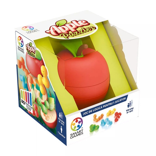 Apple Puzzler logikai játék doboza elölnézetből, átlátszó csomagolásban látható piros alma alakú 3D játékelemmel és színes férgek puzzle darabjaival, Smart Games kiadás.