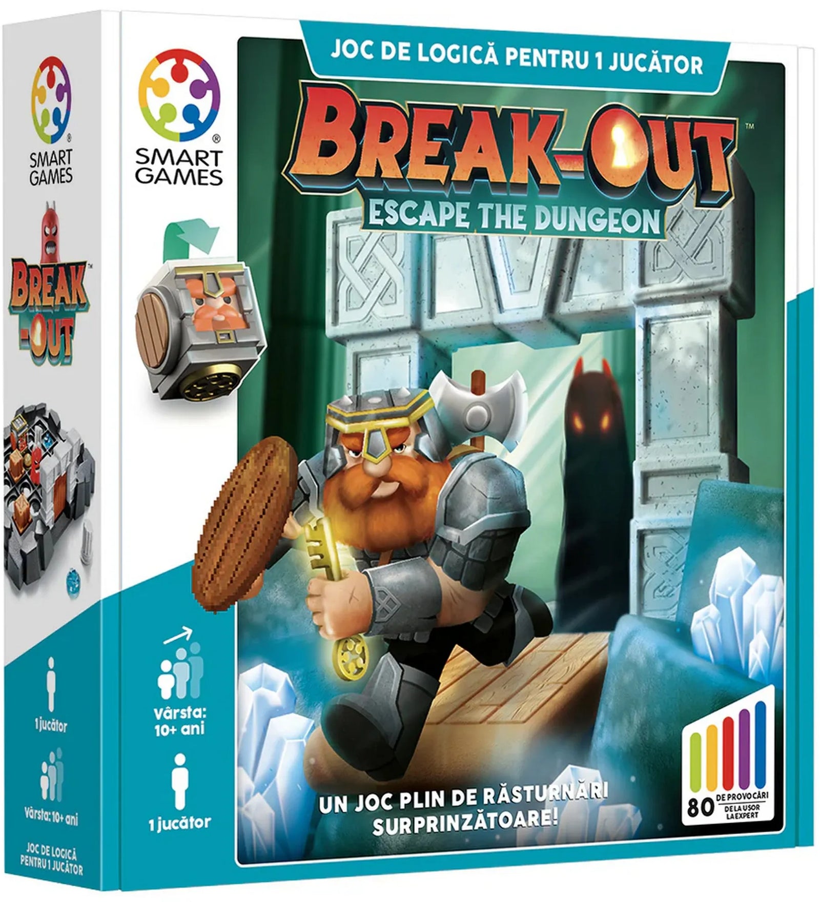 A Break-Out Escape The Dungeon logikai játék doboza, amelyen egy törpe hős látható kulccsal a kezében, a dungeon kapuja előtt.