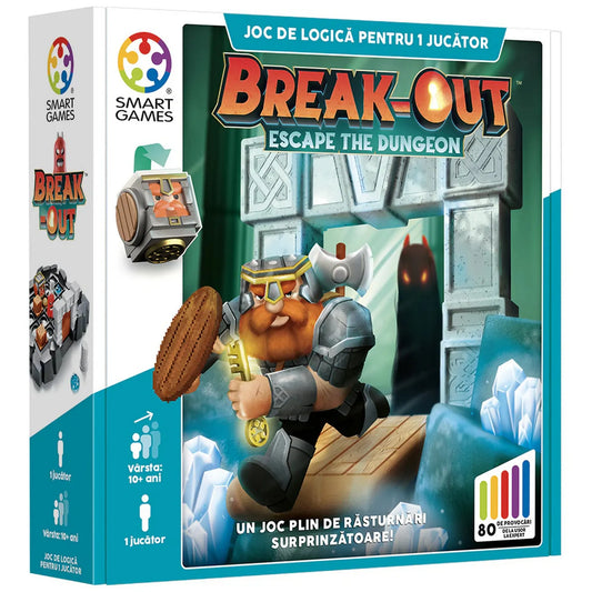A Break-Out Escape The Dungeon logikai játék doboza, amelyen egy törpe hős látható kulccsal a kezében, a dungeon kapuja előtt.