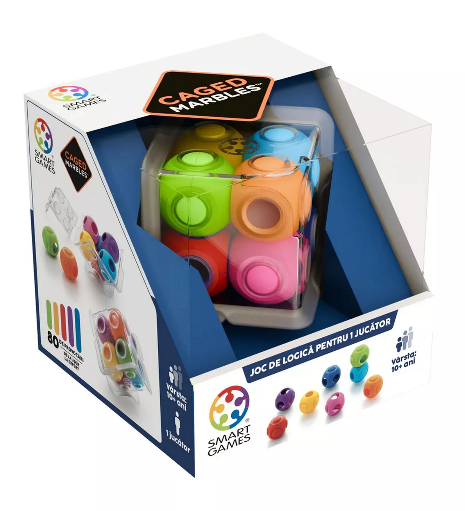 Caged Marbles logikai játék doboza, átlátszó ablakon keresztül látható színes golyókkal és 3D kocka elemekkel, Smart Games egyjátékos puzzle 10 éves kortól.