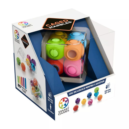 Caged Marbles logikai játék doboza, átlátszó ablakon keresztül látható színes golyókkal és 3D kocka elemekkel, Smart Games egyjátékos puzzle 10 éves kortól.