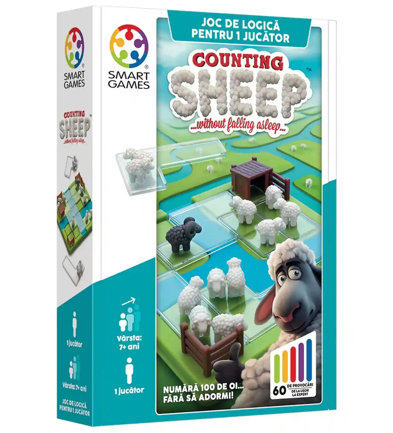 Counting Sheep Smart Games társasjáték doboza juhokkal és logikai pályával egyszemélyes játék 7 éves kortól