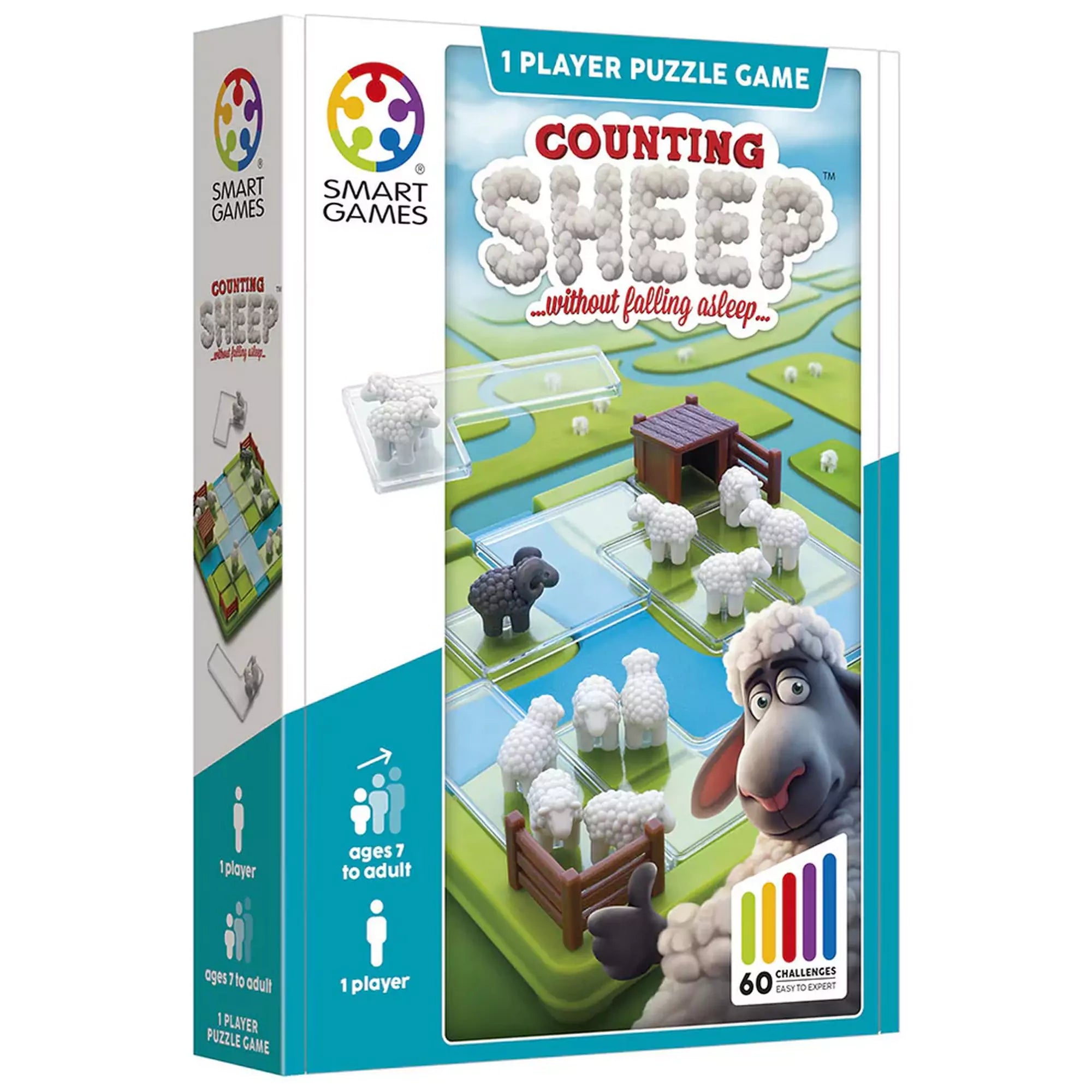 Smart Games Counting Sheep doboza, amely egy egyszemélyes logikai játék 60 kihívással, bárányos témával.