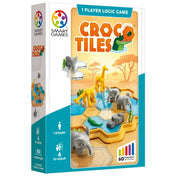 Smart Games Croco Tiles logikai játék doboza elefántokkal, zsiráfokkal és krokodillal, 60 feladvánnyal.