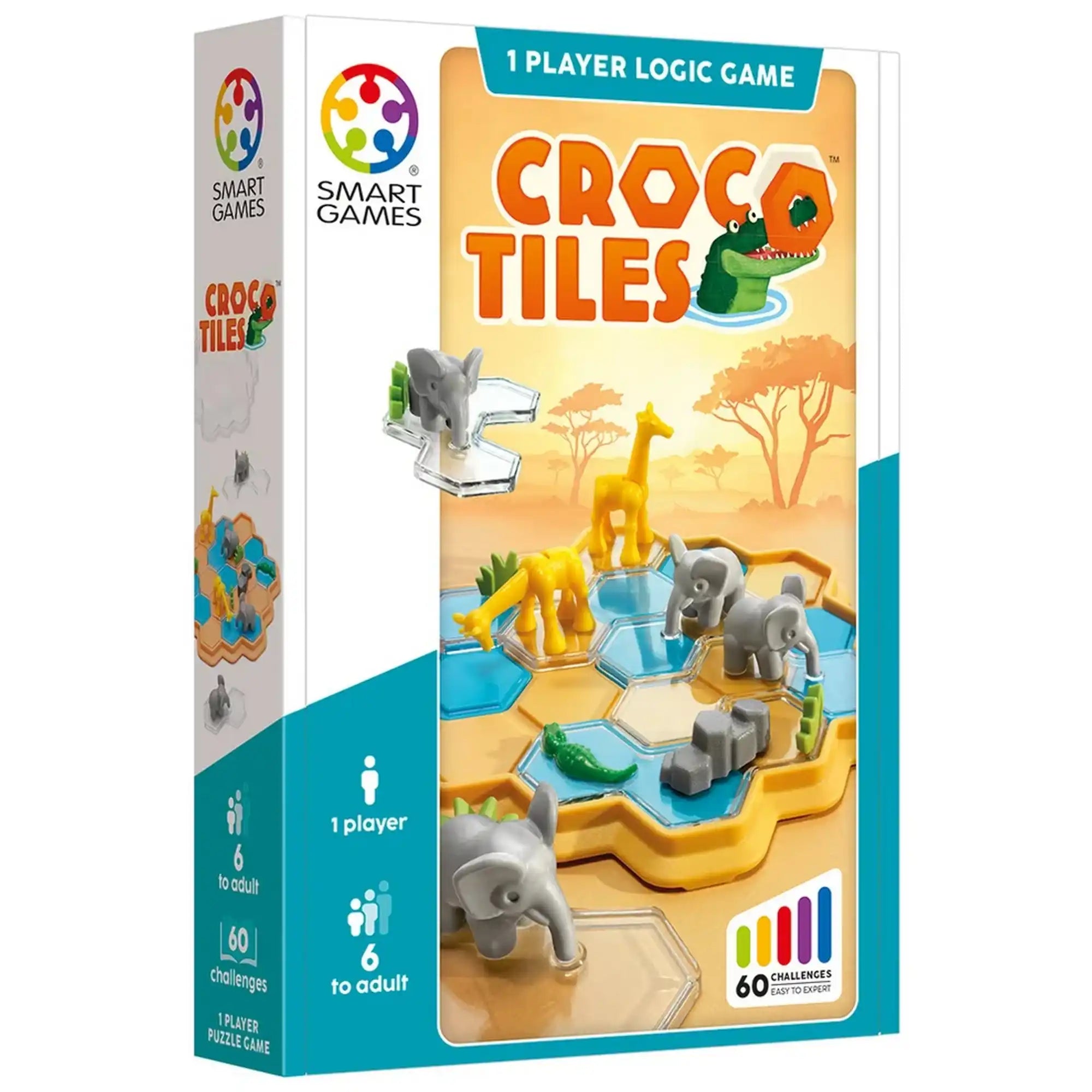 Smart Games Croco Tiles logikai játék doboza elefántokkal, zsiráfokkal és krokodillal, 60 feladvánnyal.