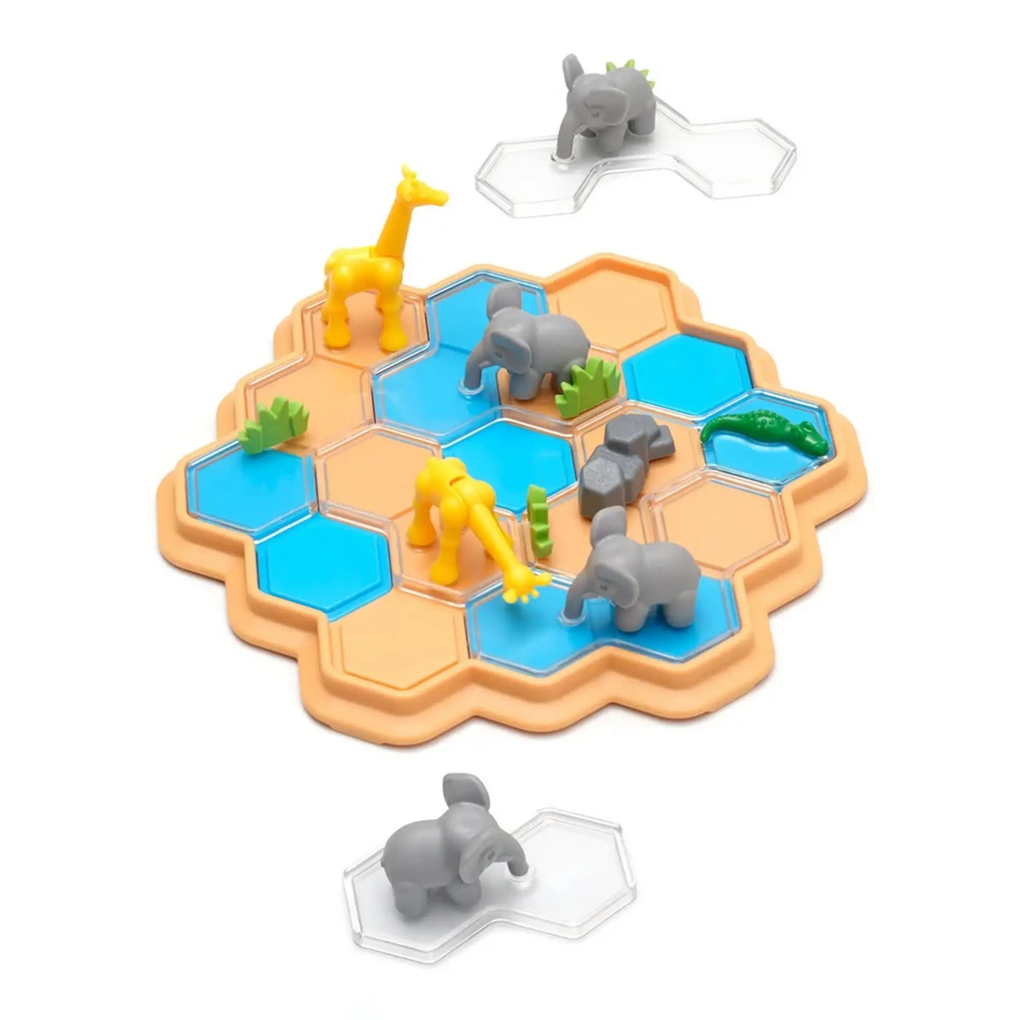 Smart Games Croco Tiles logikai játék elefántjai, zsiráfjai és krokodilja a kék és homokszínű mezőkön, két különálló elemmel.
