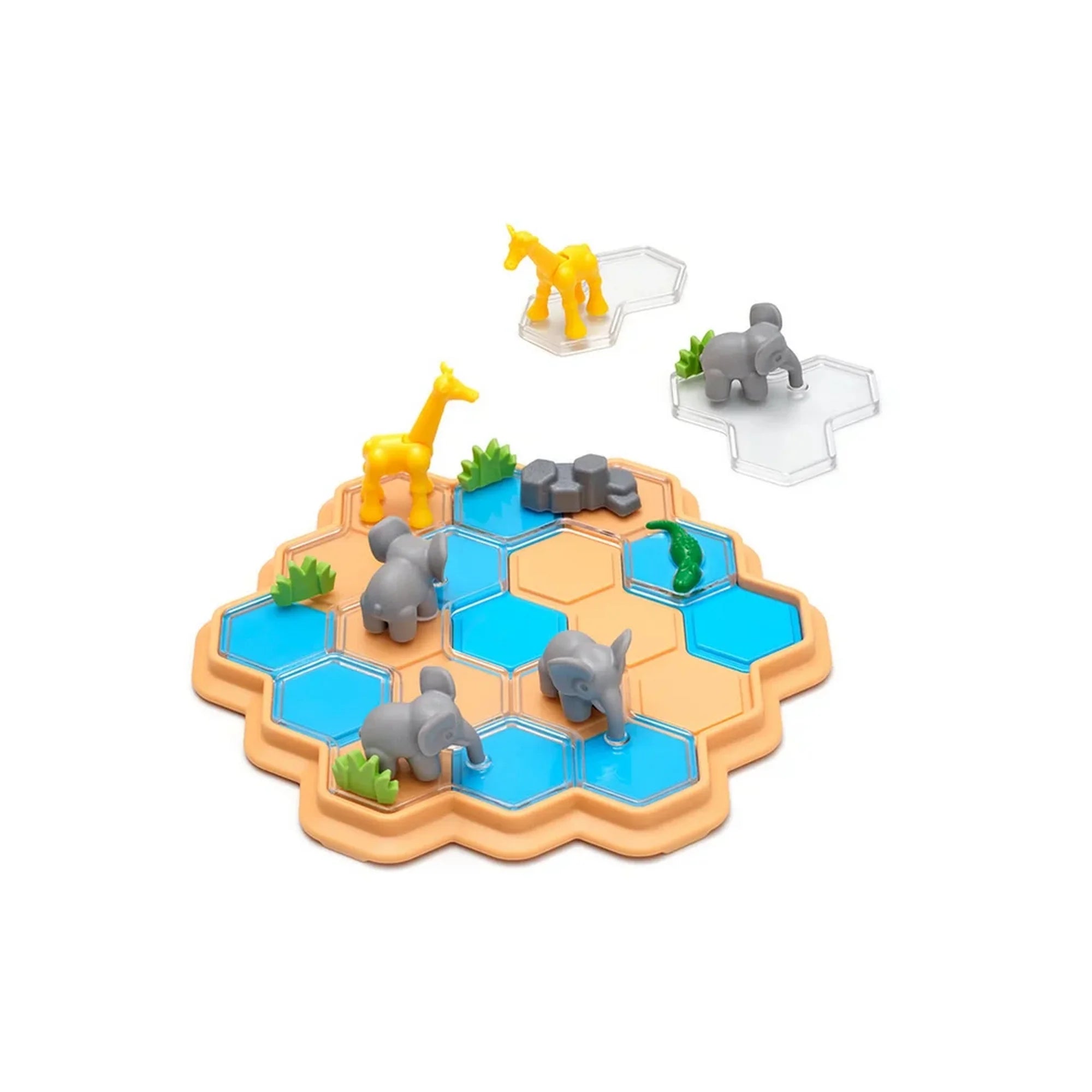 Smart Games Croco Tiles játéktábla három elefánttal, egy zsiráffal, krokodillal és két különálló állatos elemmel.