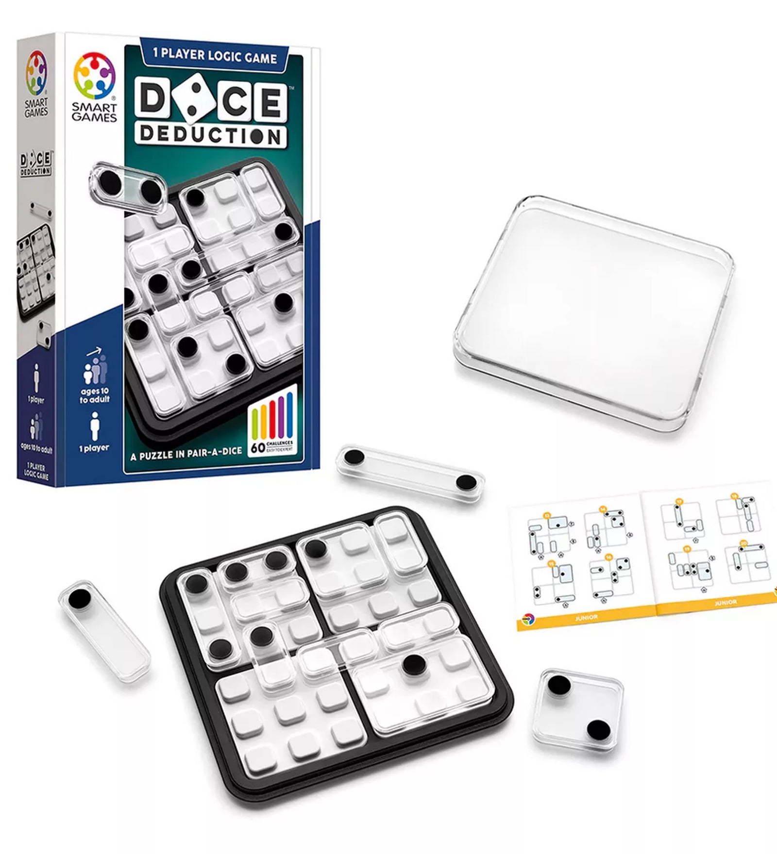„A Smart Games Dice Deduction teljes tartalma: doboz, játéktábla, átlátszó elemek és feladványfüzet.”