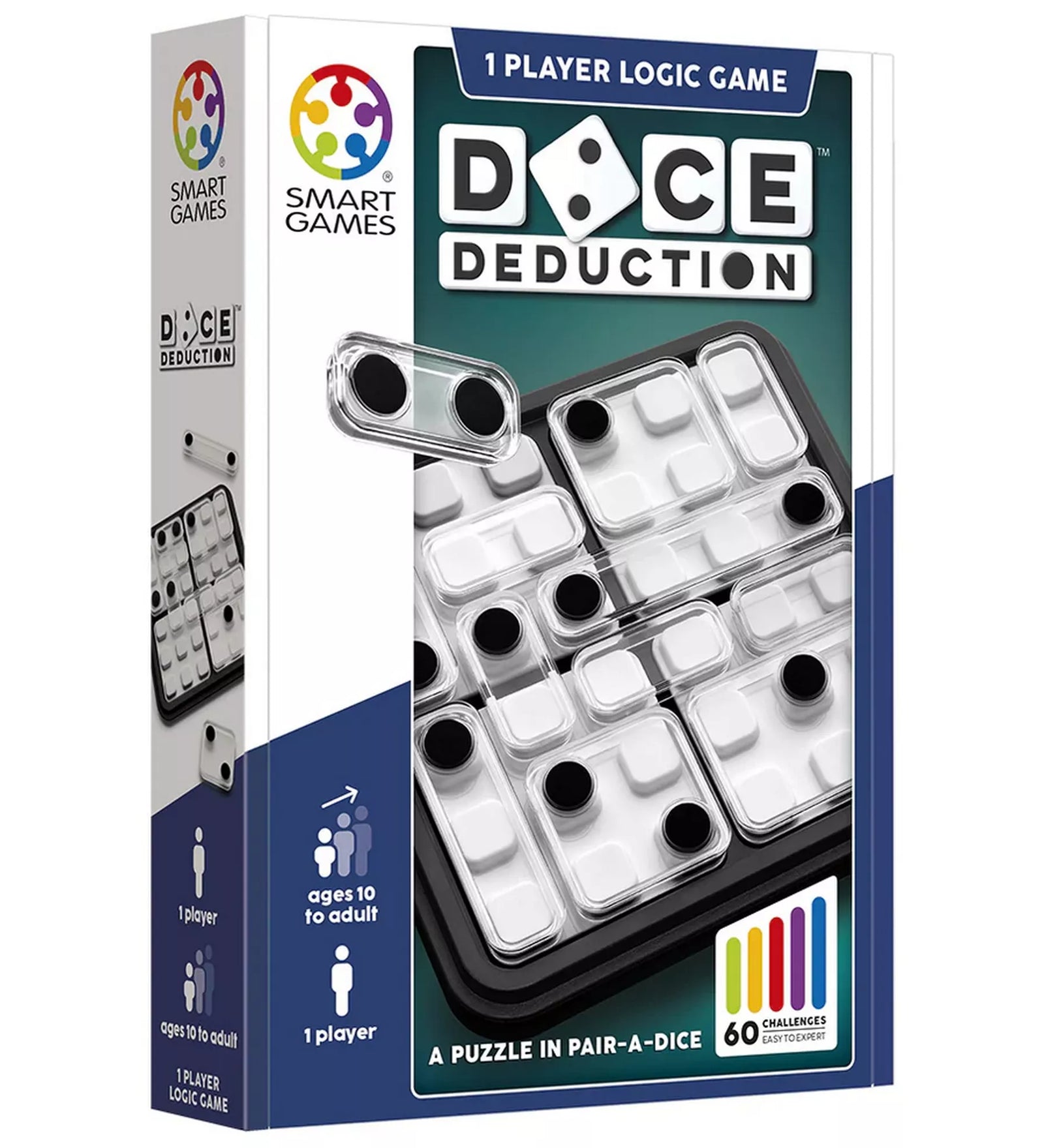 „A Smart Games Dice Deduction logikai játék doboza, átlátszó elemekkel és fekete pontjelölésekkel.”