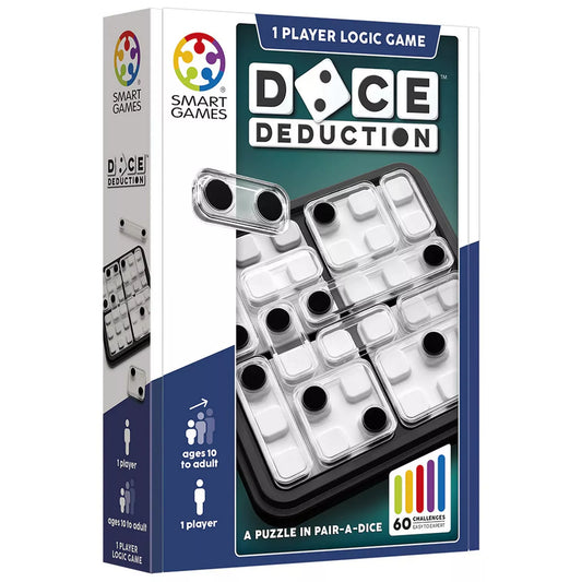 „A Smart Games Dice Deduction logikai játék doboza, átlátszó elemekkel és fekete pontjelölésekkel.”