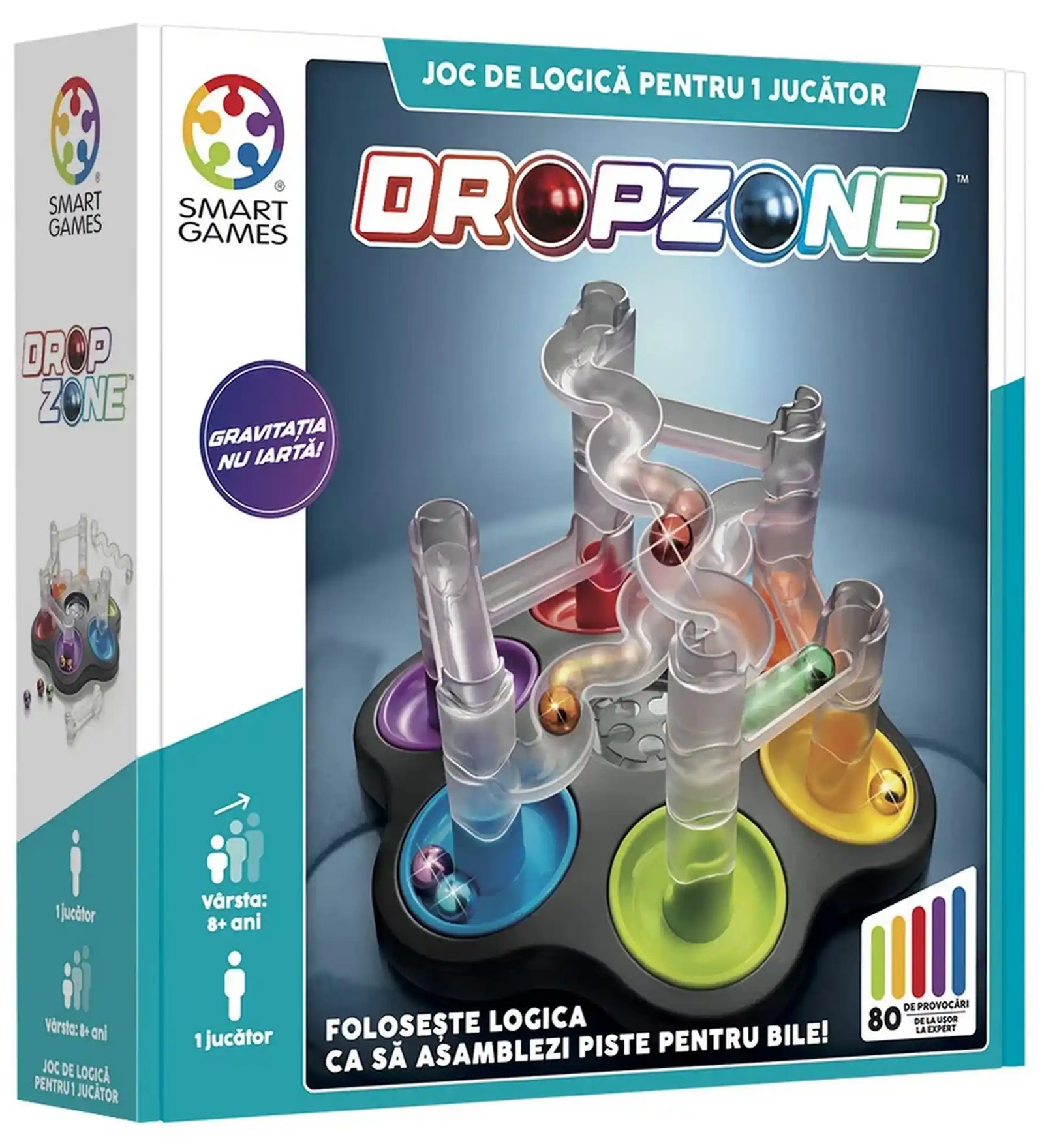 DropZone Smart Games logikai játék doboza, amelyen a golyópálya-építő játéktábla és a 80 logikai kihívás látható.