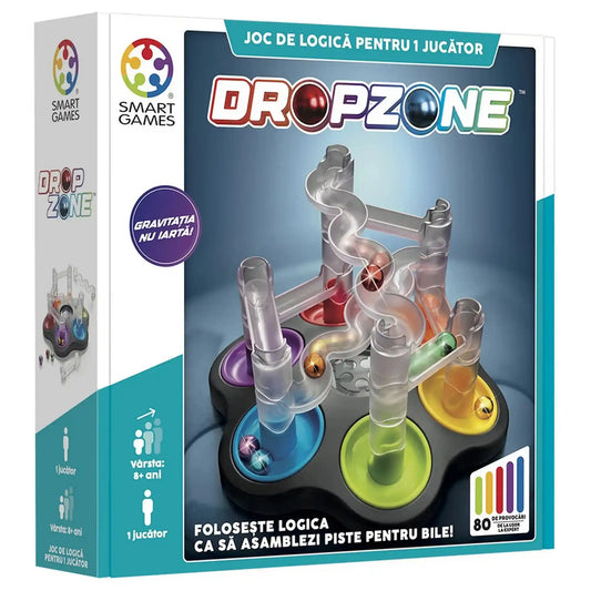 DropZone Smart Games logikai játék doboza, amelyen a golyópálya-építő játéktábla és a 80 logikai kihívás látható.