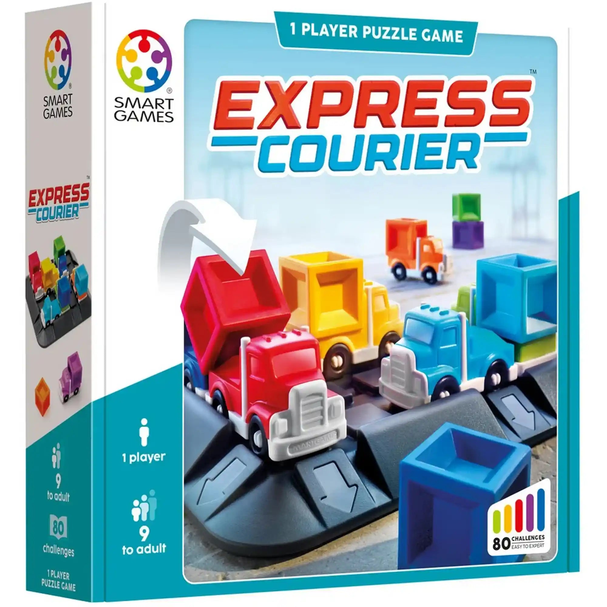 Smart Games Express Courier logikai játék doboza színes teherautókkal és rakományokkal, 80 feladvány jelölésével.