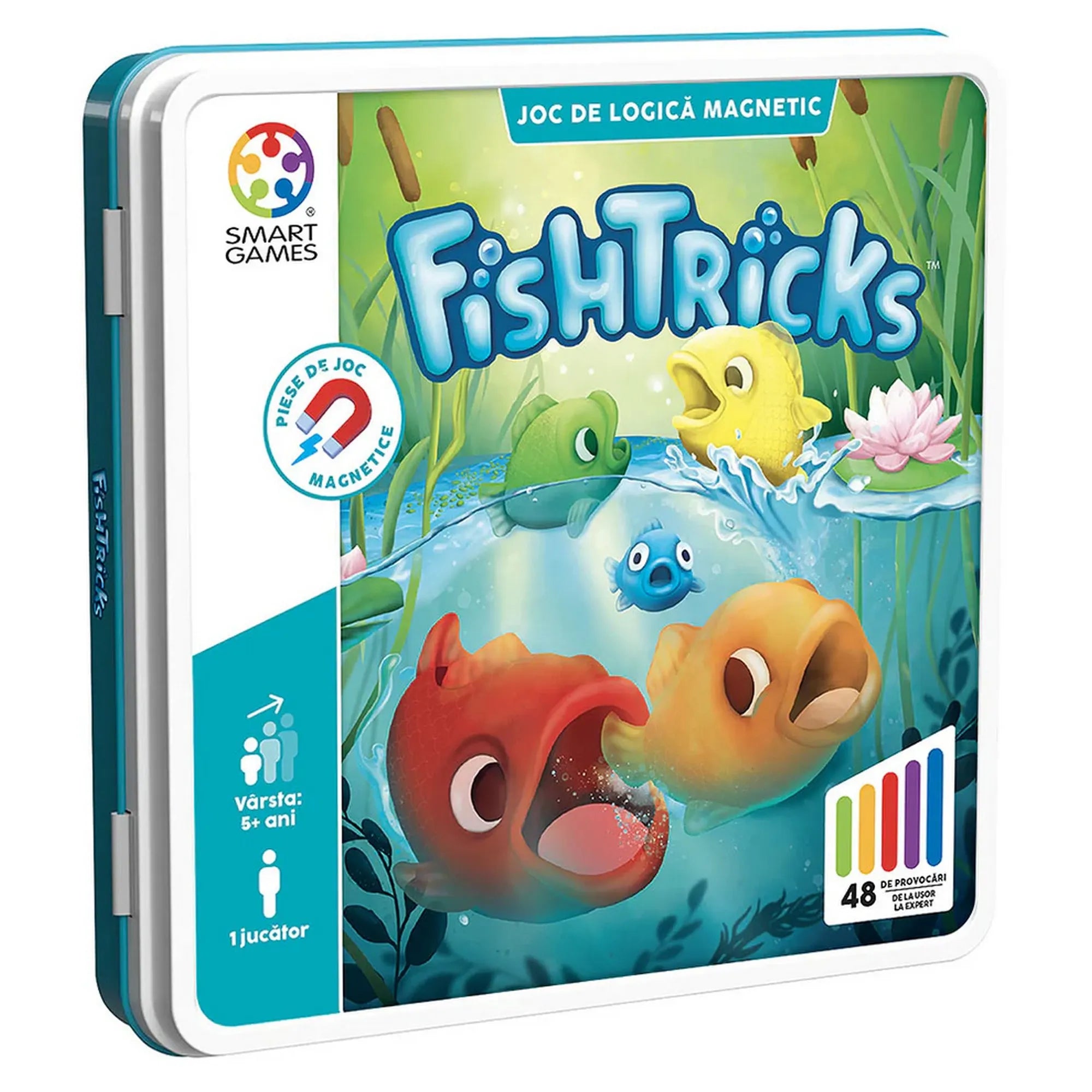 A FishTricks logikai játék színes, mágneses fém doboza vidám, rajzolt halacskákkal és vízinövényekkel, a Smart Games logóval és a 48 kihívást jelző ikonnal.