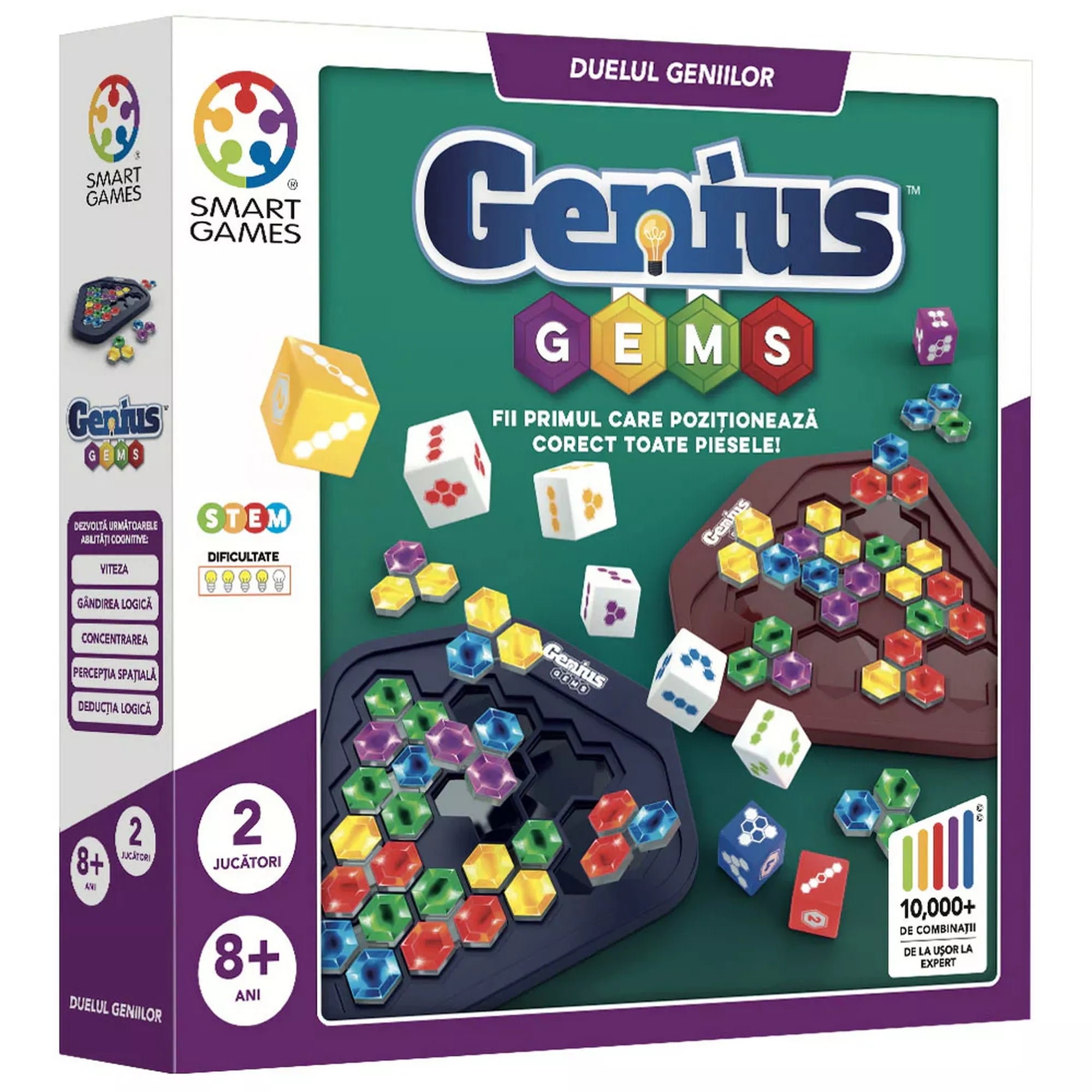Genius Gems társasjáték doboza, színes drágakő alakú elemekkel és dobókockákkal