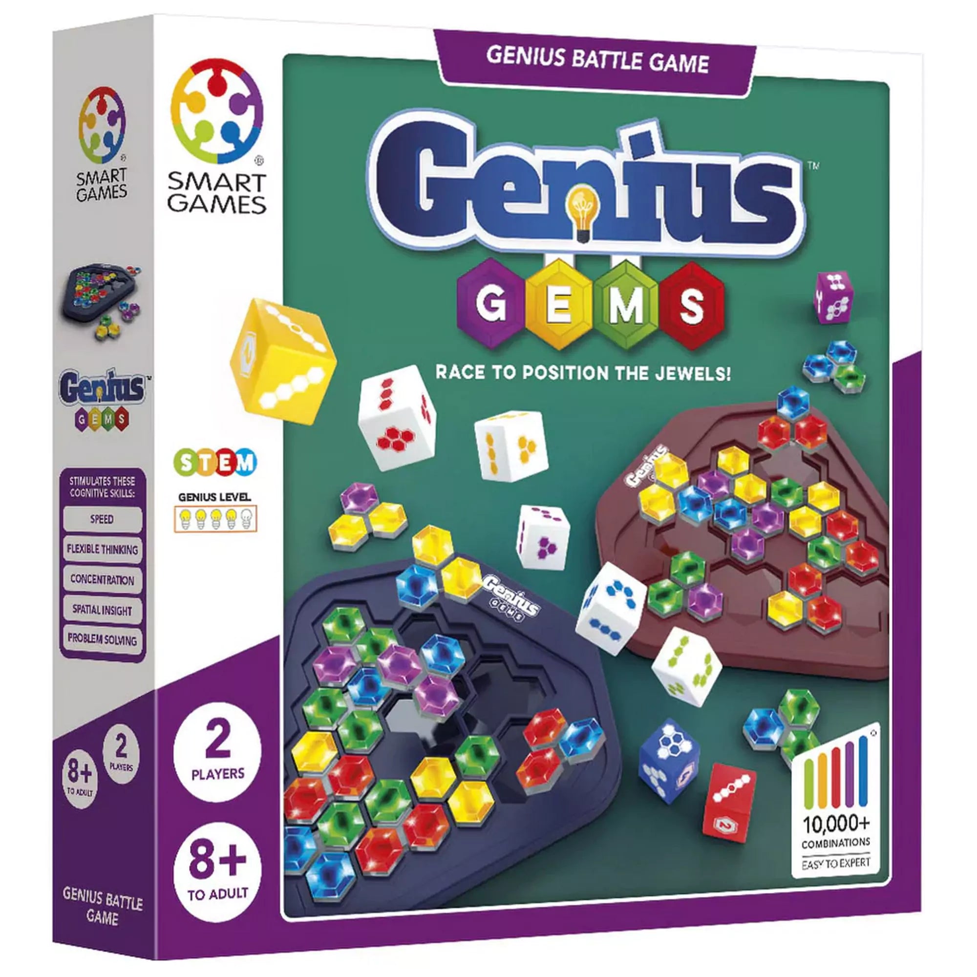A Smart Games Genius Gems logikai játék doboza, színes drágakövekkel, dobókockákkal és gyémánt alakú játéktáblákkal illusztrálva.